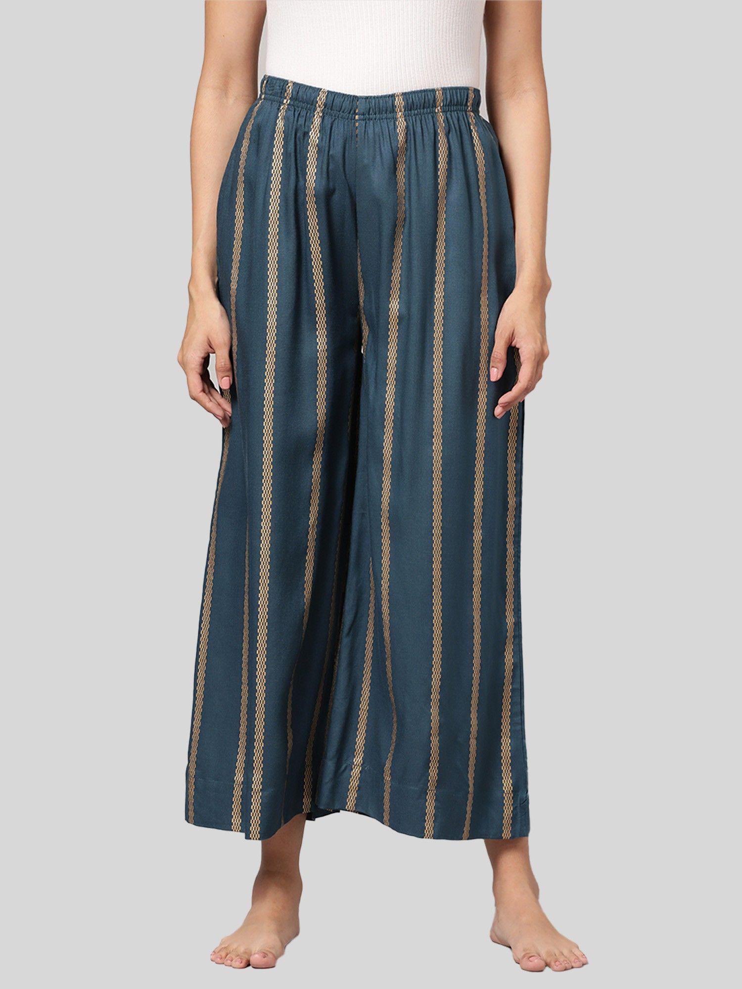 womens teal blue printed viscose light weight flared lounge pant