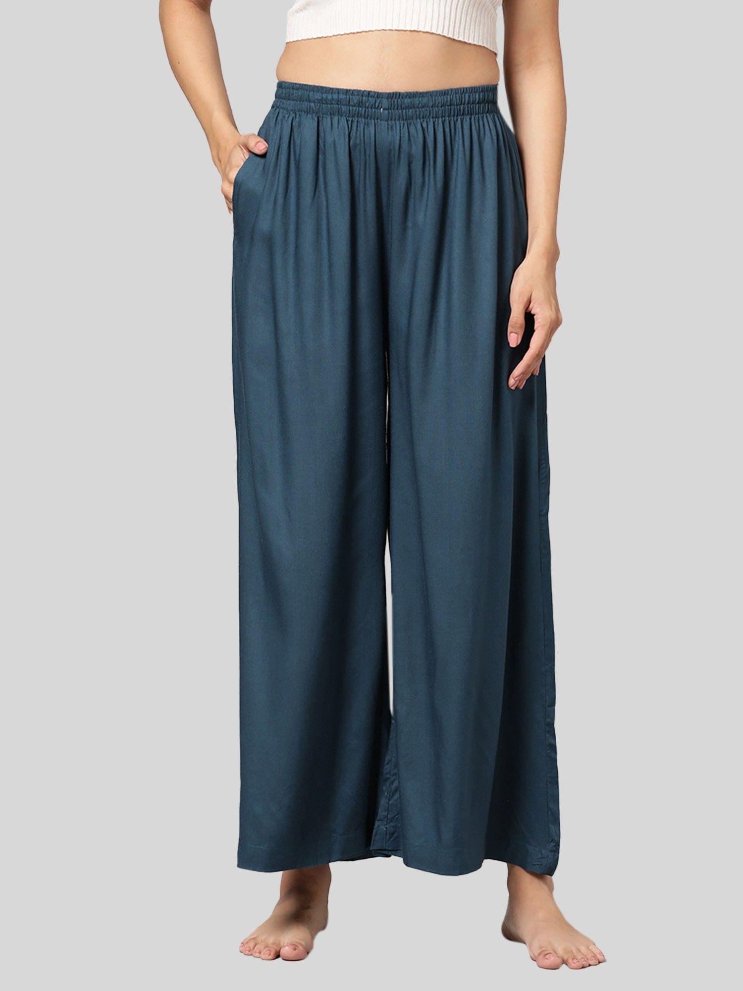 womens teal blue solid viscose light weight flared lounge pant