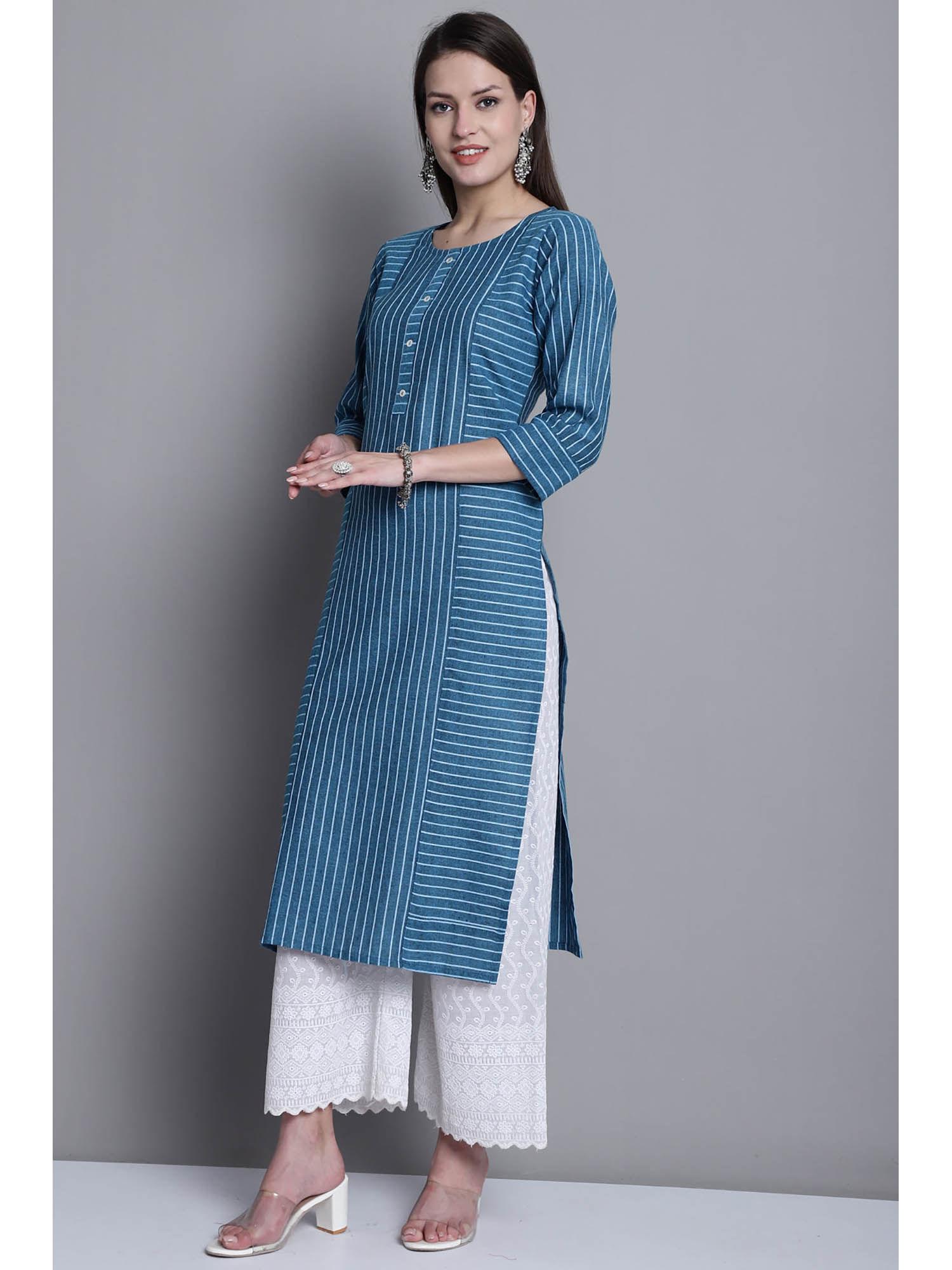 womens teal cotton woven kurta