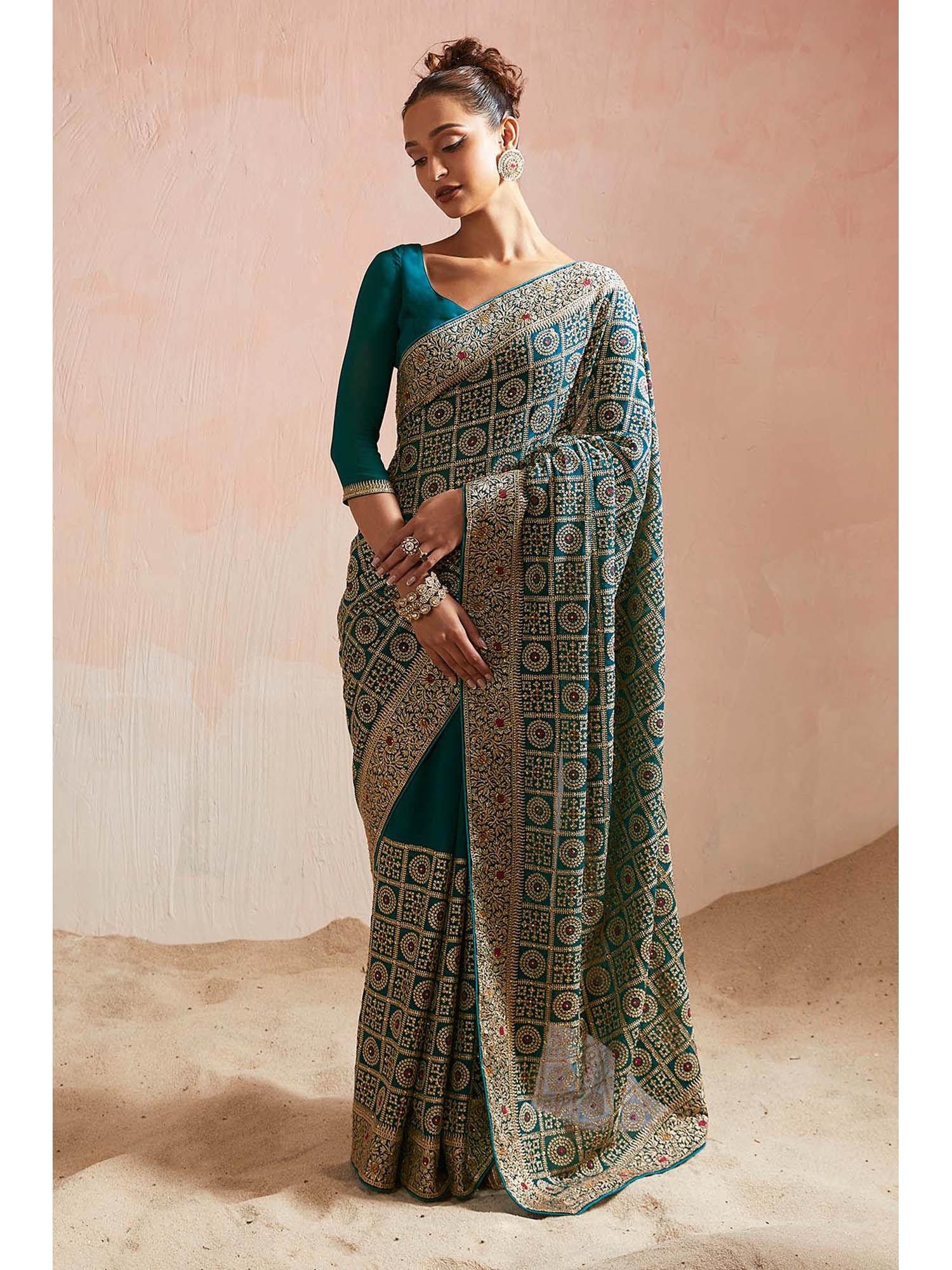 womens teal ethnic embroidery georgette saree with unstitched blouse