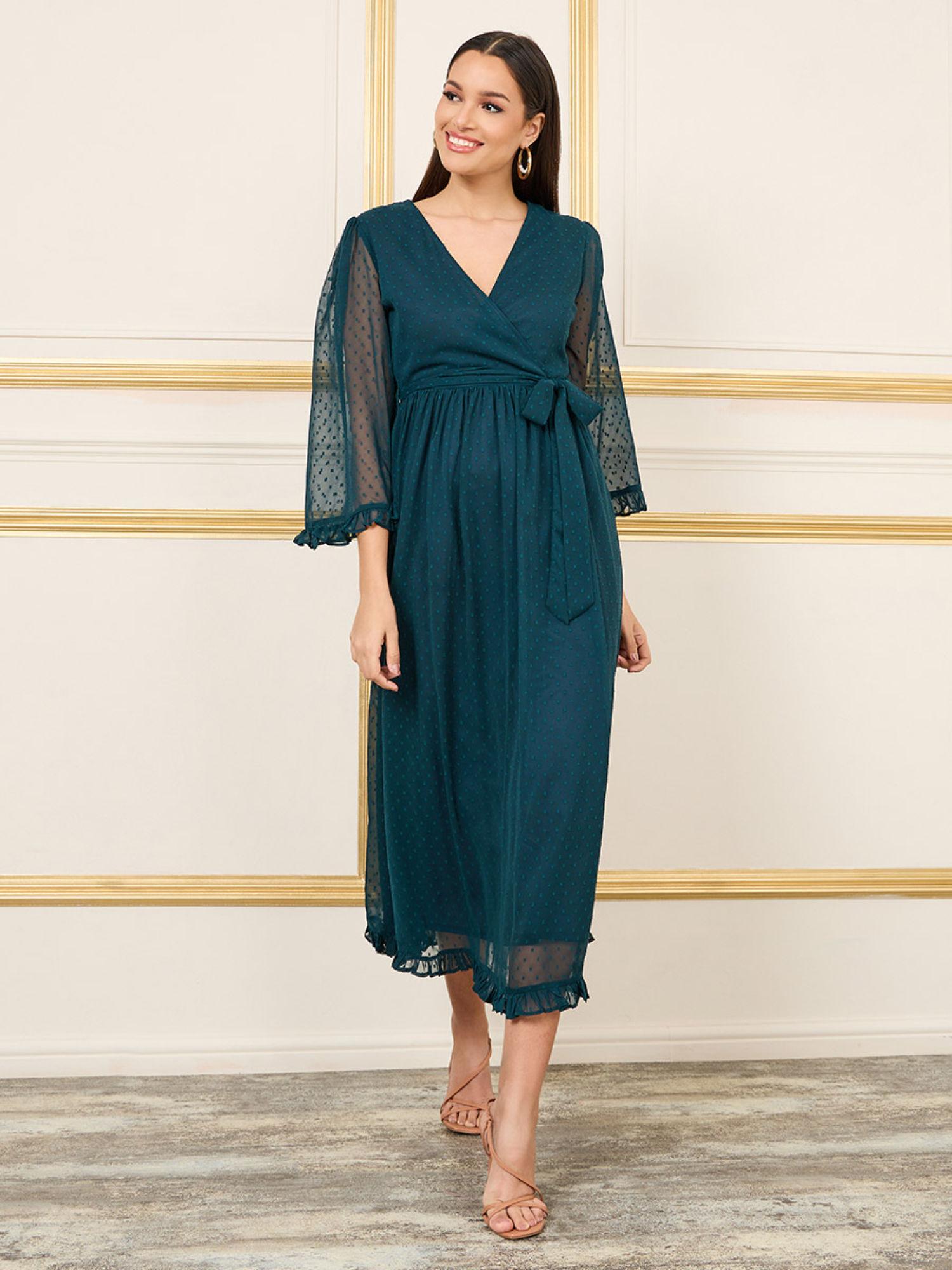 womens teal flare sleeve wrap a-line midi dress