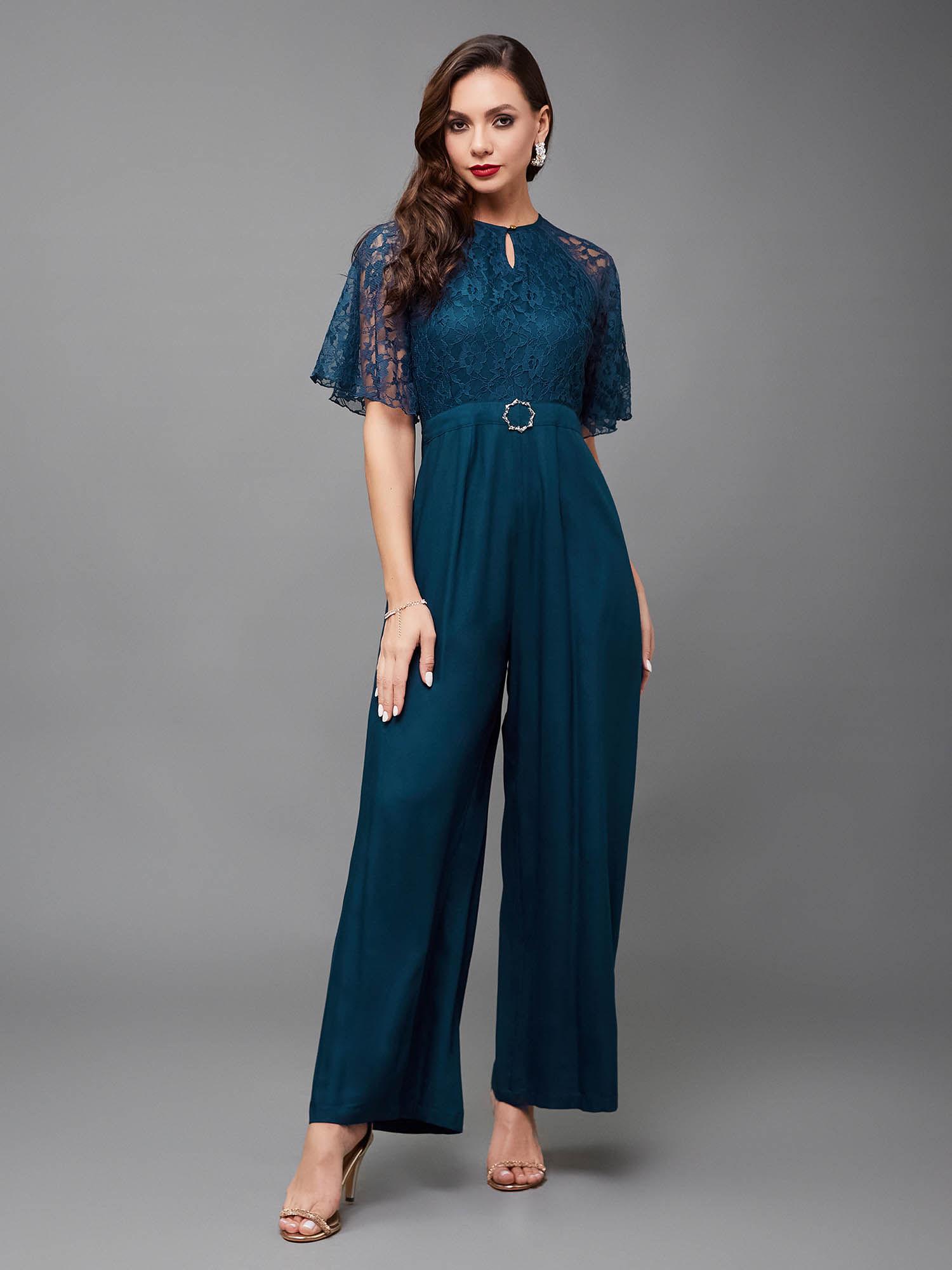 womens teal flared sleeve raglan regular jumpsuit