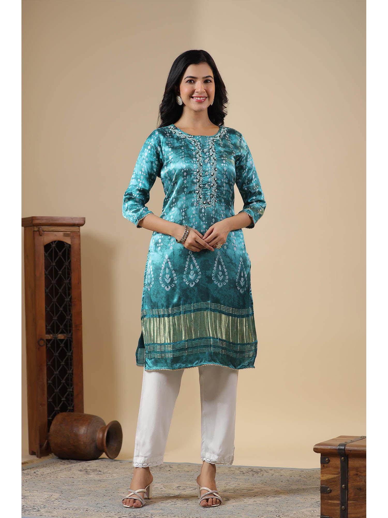 womens teal gaji silk printed kurta