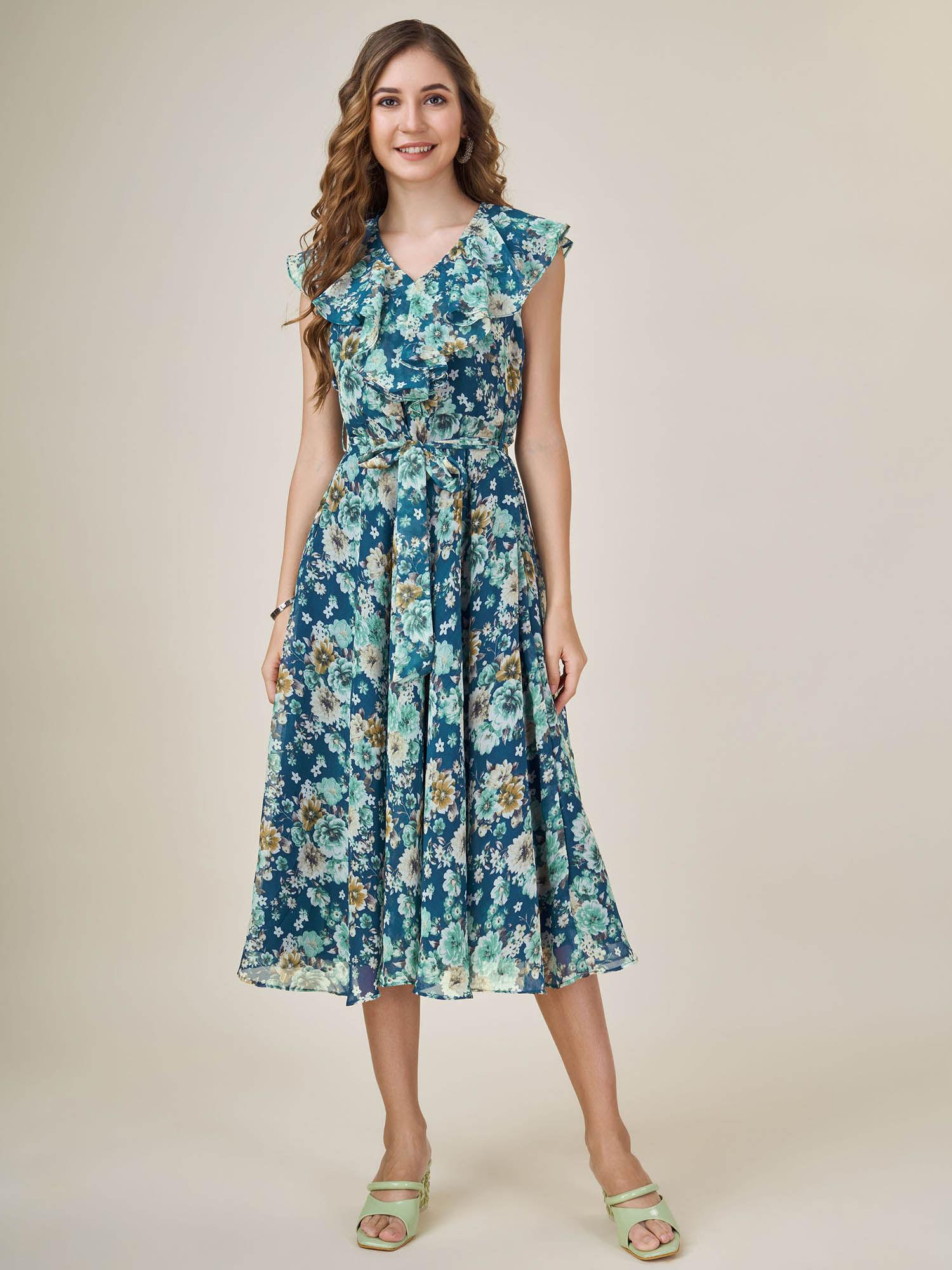 womens teal georgette floral printed flared dress with belt (set of 2)