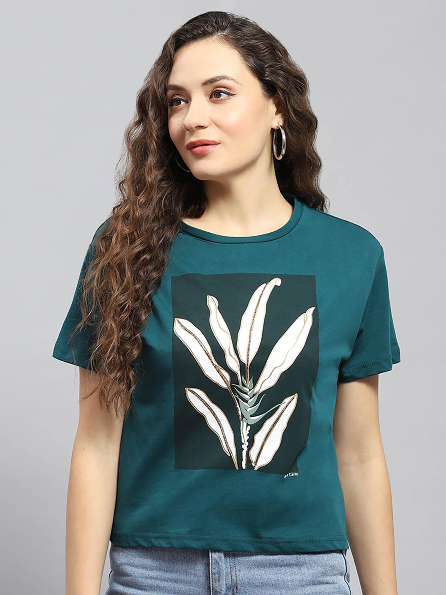 womens teal graphic round neck half sleeve t-shirt