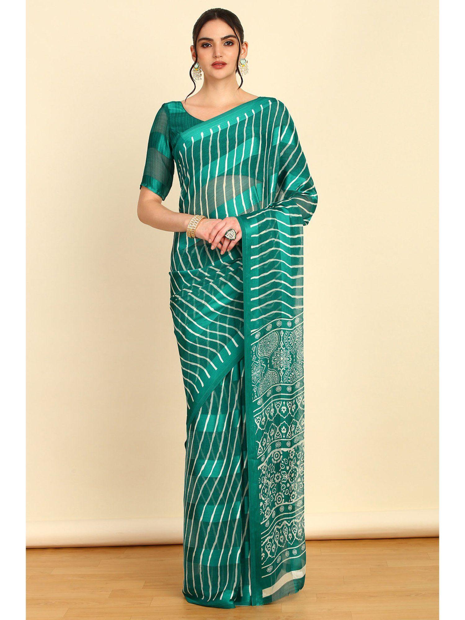 womens teal green chiffon leheriya print saree with unstitched blouse