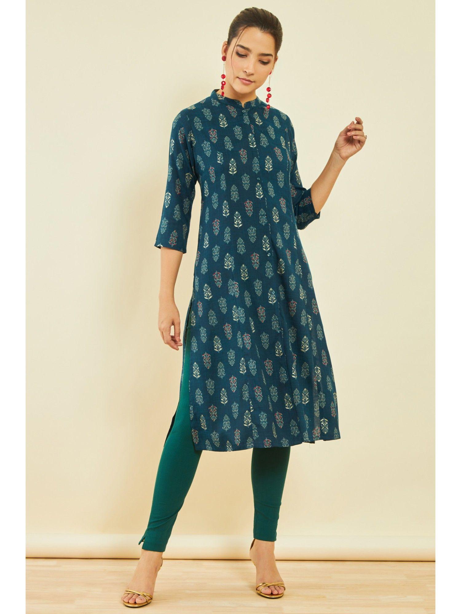 womens teal green rayon foil print kurta