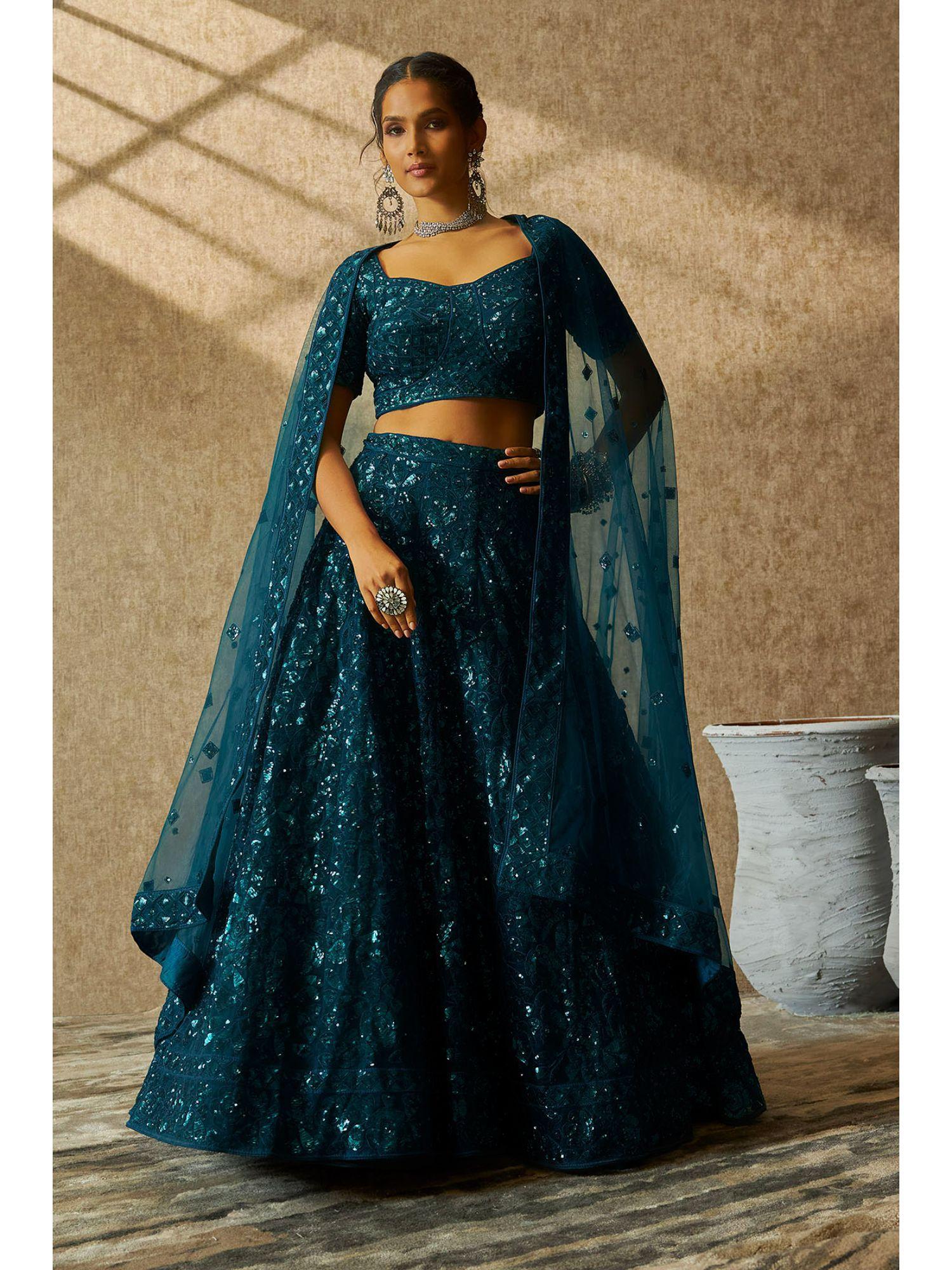 womens teal net embellished unstitched lehenga choli (set of 3)