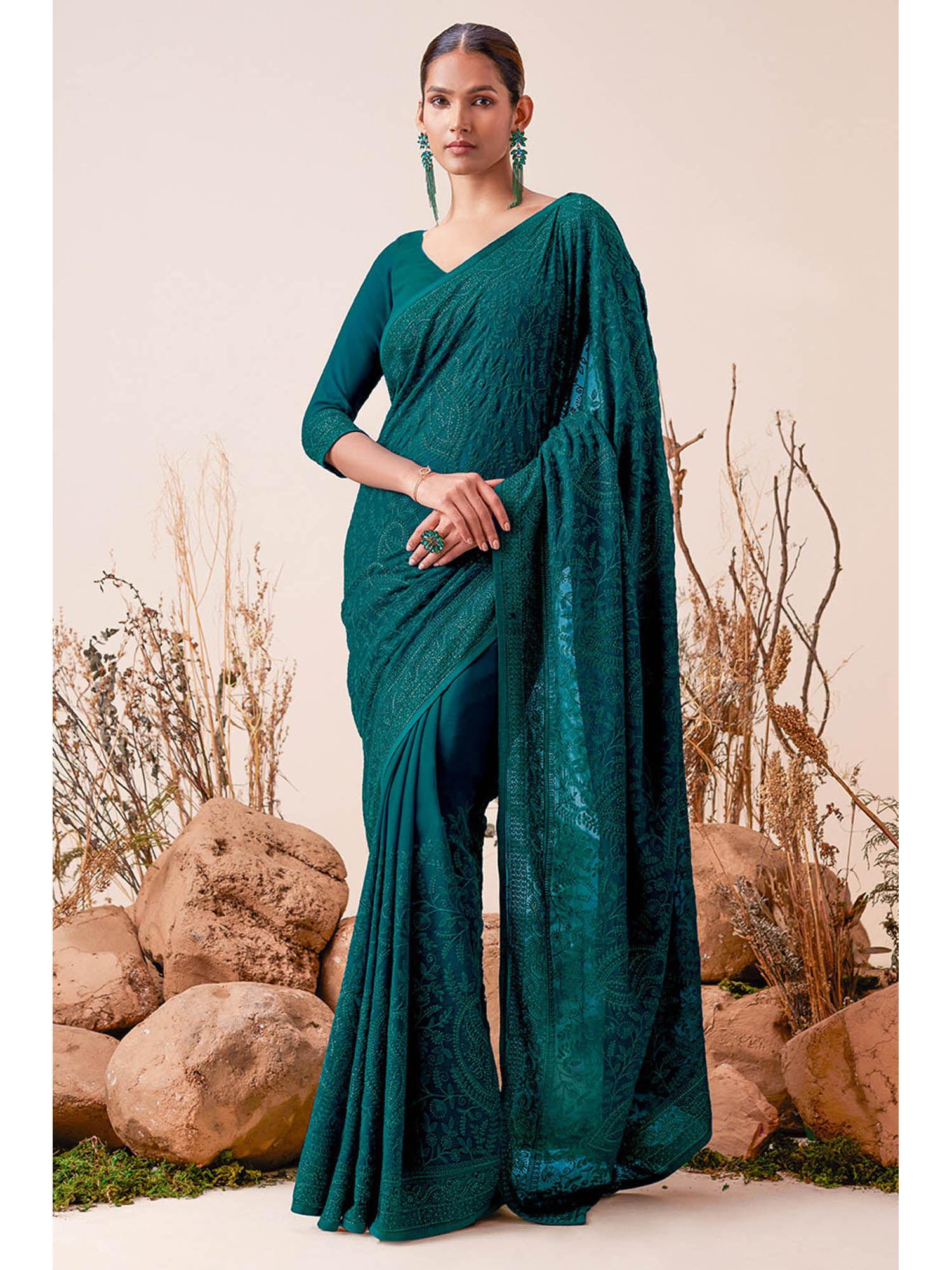 womens teal paisley embroidery georgette saree with unstitched blouse