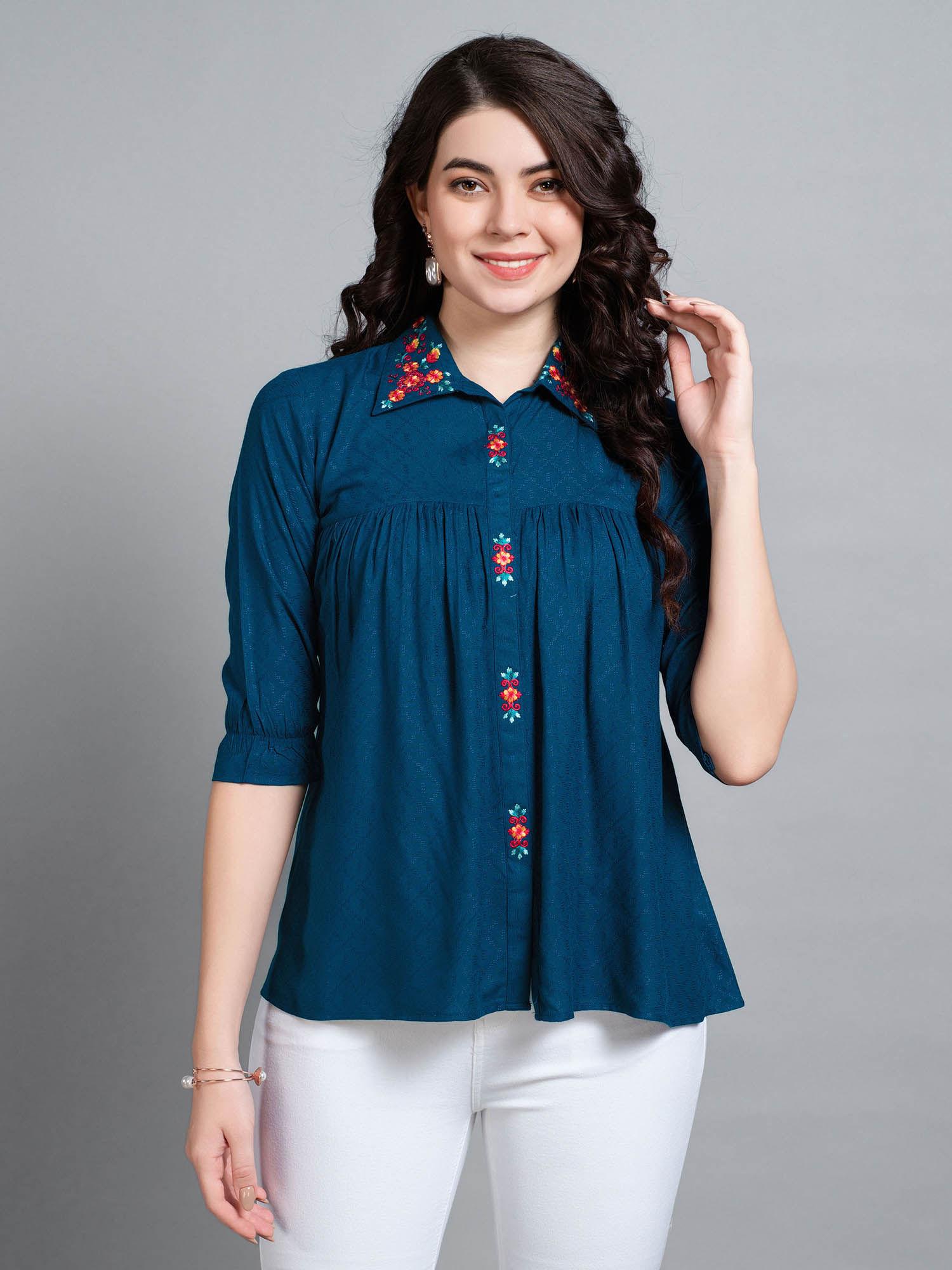 womens teal pure viscose rayon floral embroidered shirt style top