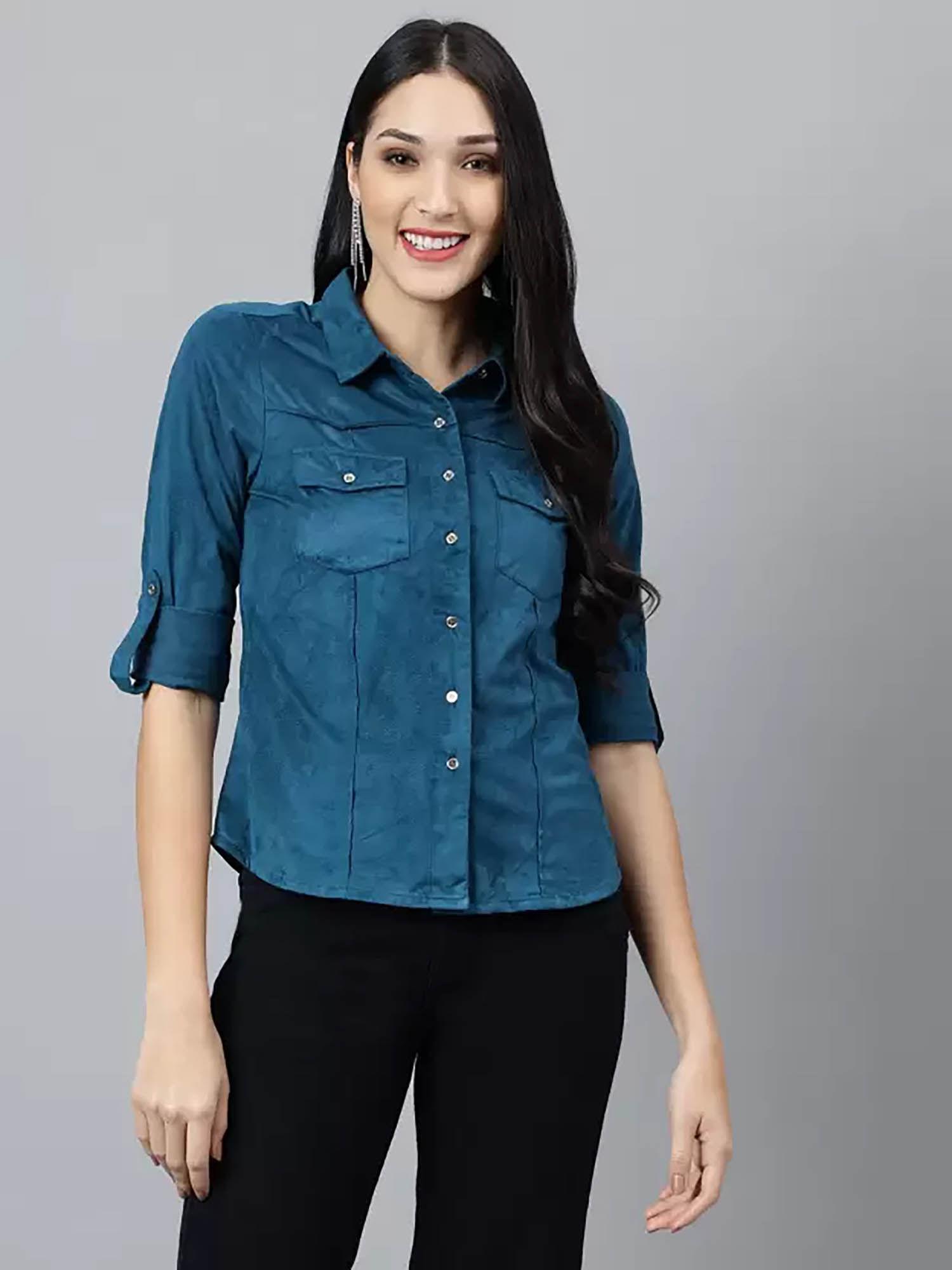 womens teal three fourth sleeve solid shirt