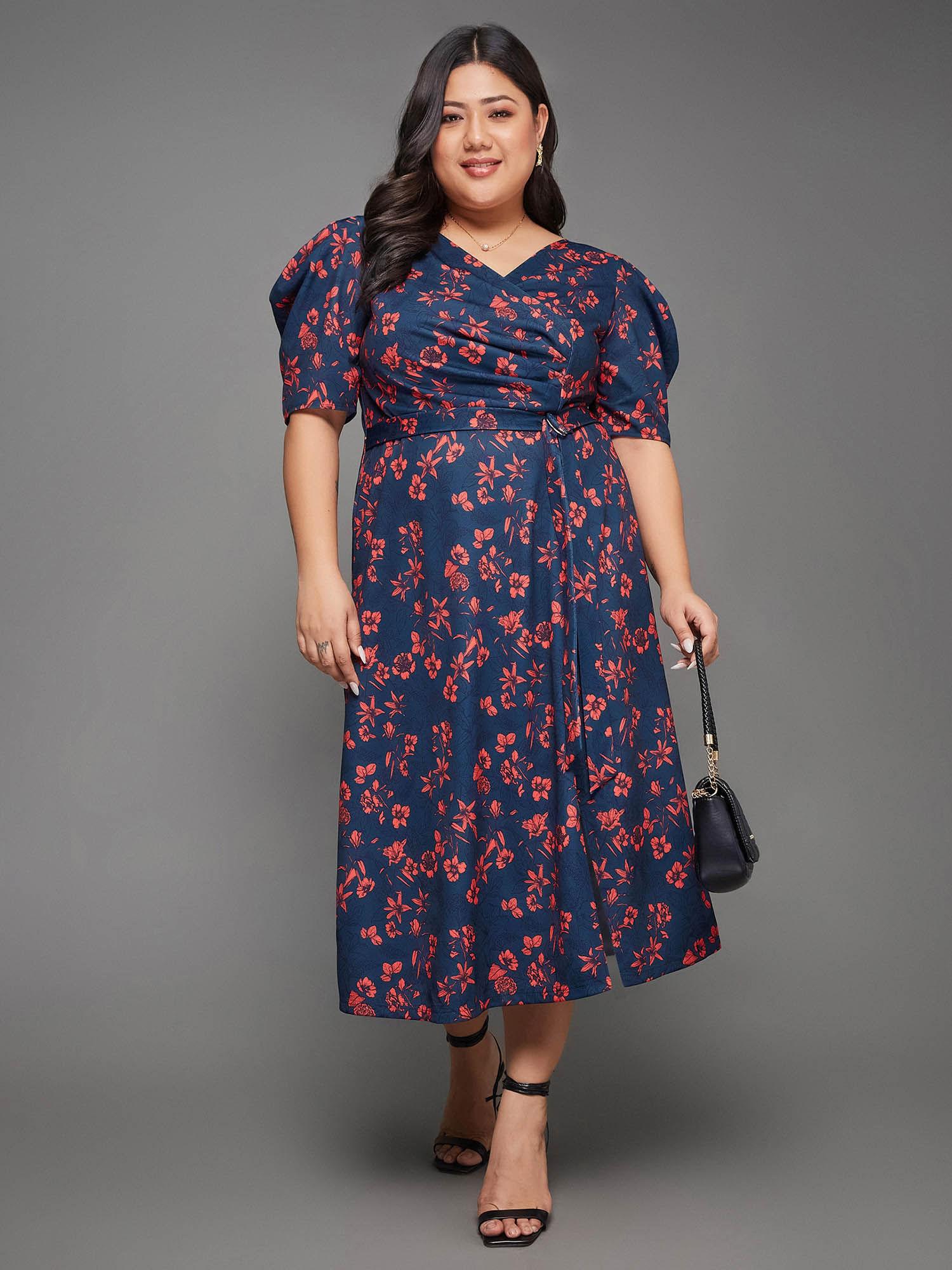 womens teal v-neck puff sleeve floral wrap midi dress