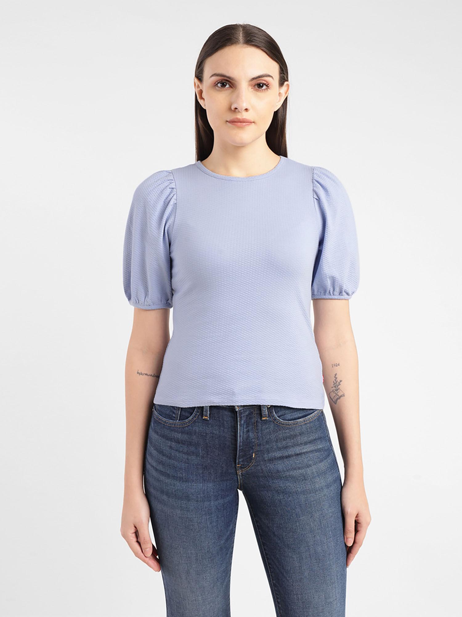 womens textured blue round neck top