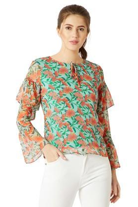 womens tie up neck floral print layered semi-sheer top - multi