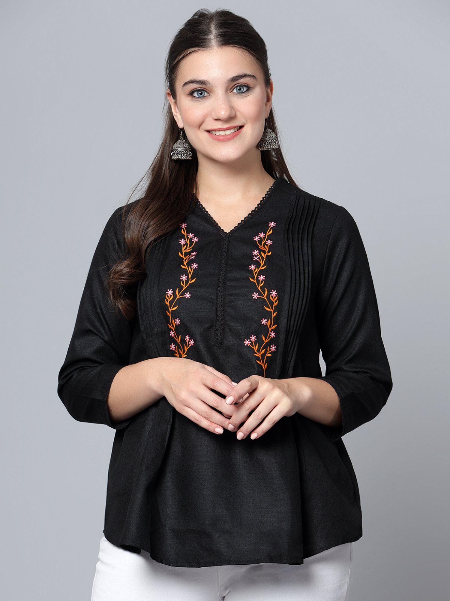 womens top floral embroidery black