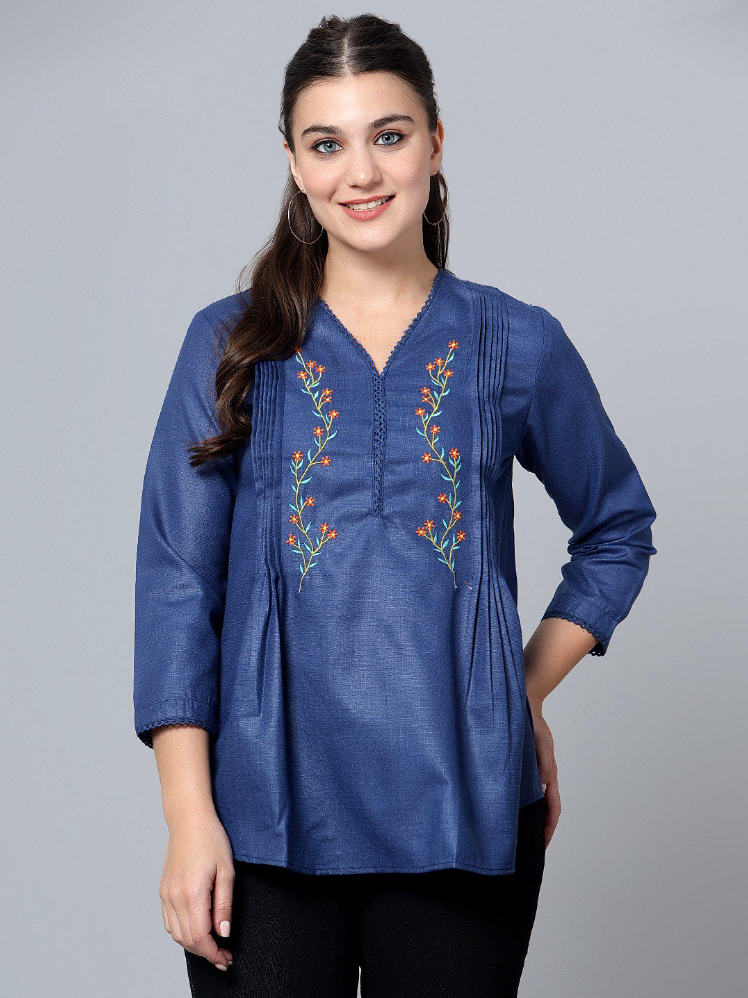 womens top floral embroidery blue