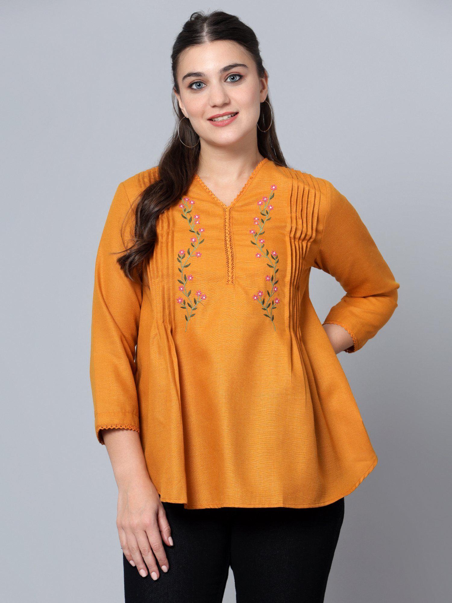 womens top floral embroidery mustard