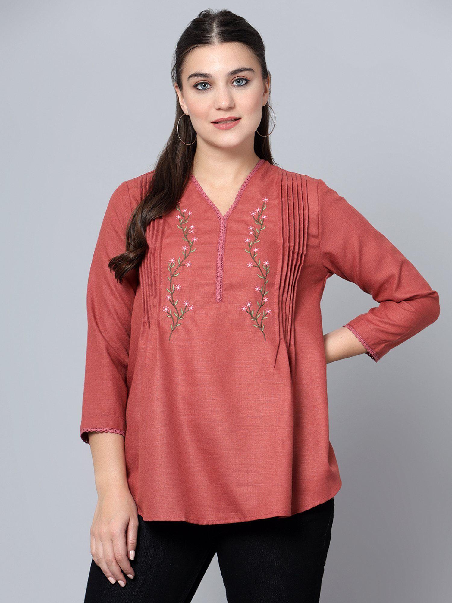 womens top floral embroidery pink