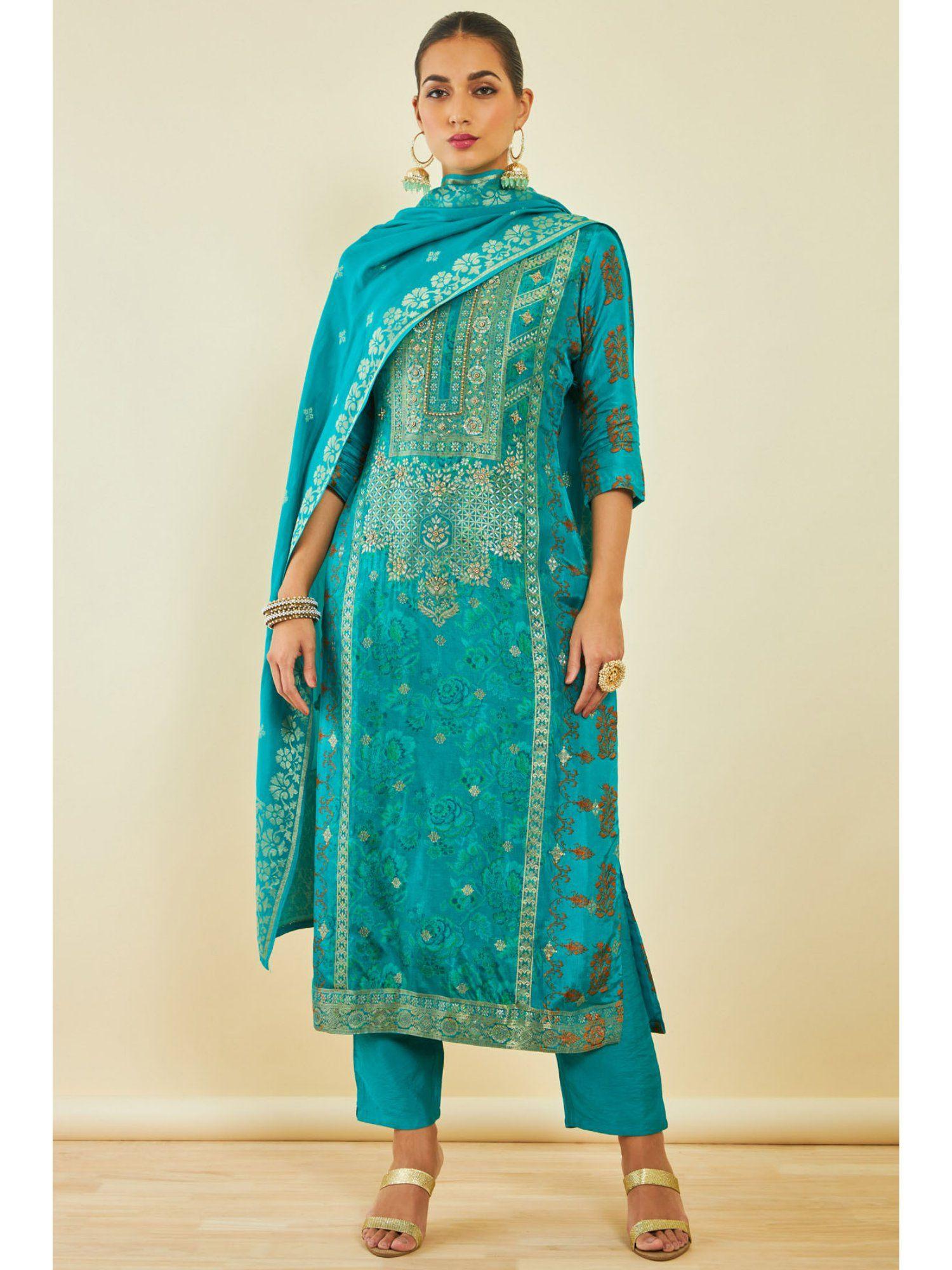 womens turquoise blue brocade blend kurta with floral print & hand embroidery (set of 3)