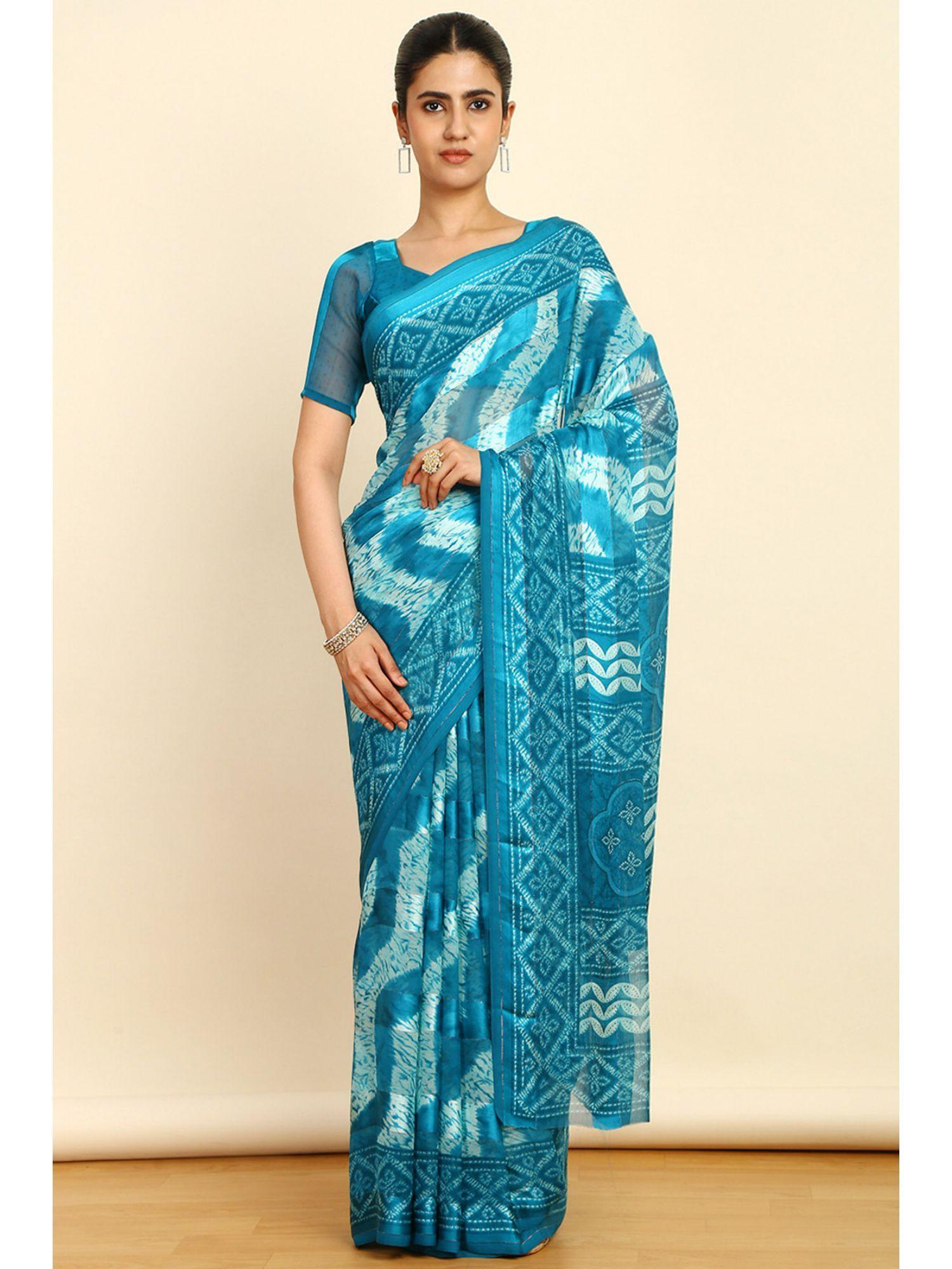 womens turquoise blue chiffon abstract print saree with unstitched blouse