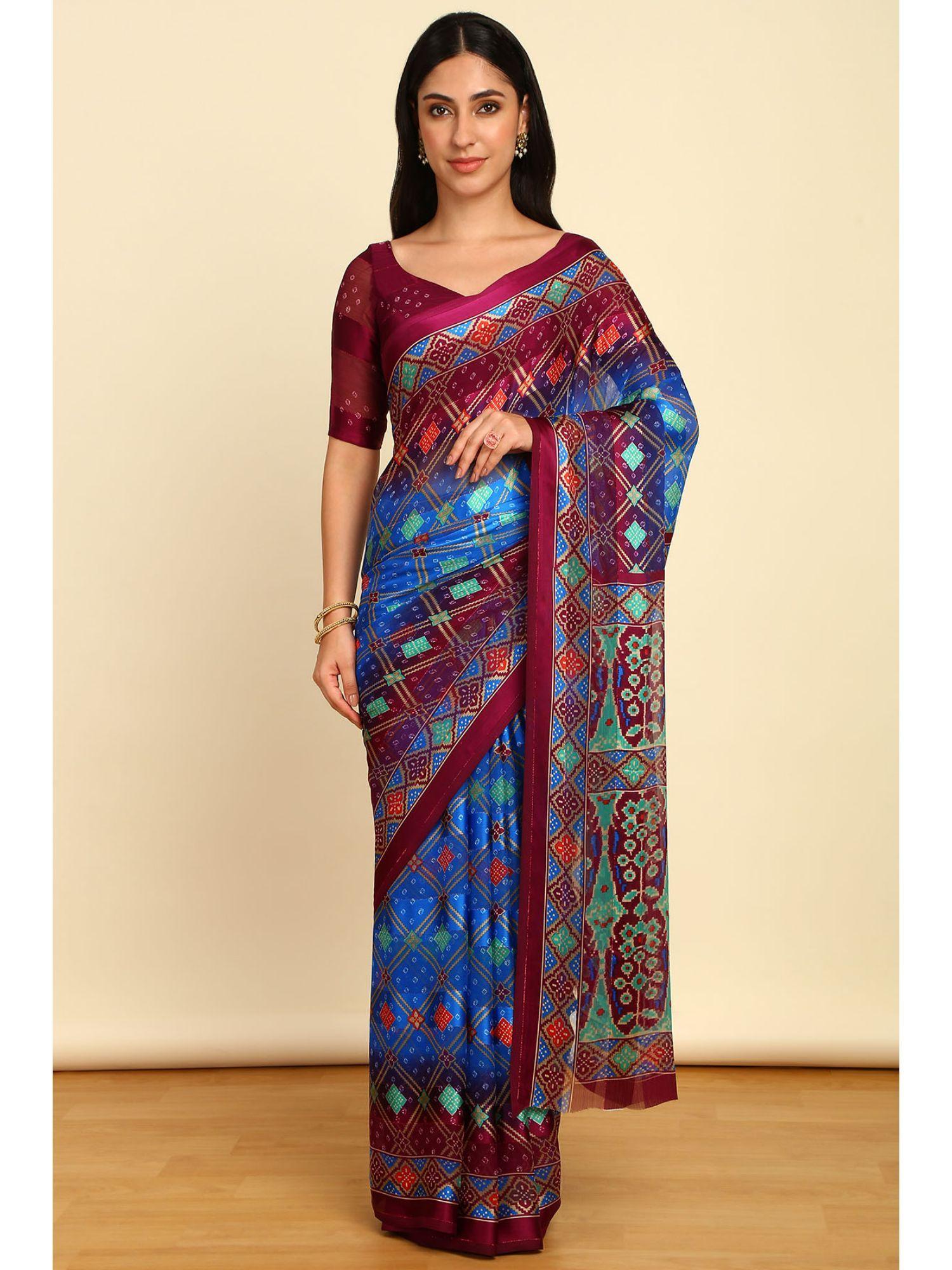 womens turquoise blue chiffon bandhani print saree with unstitched blouse