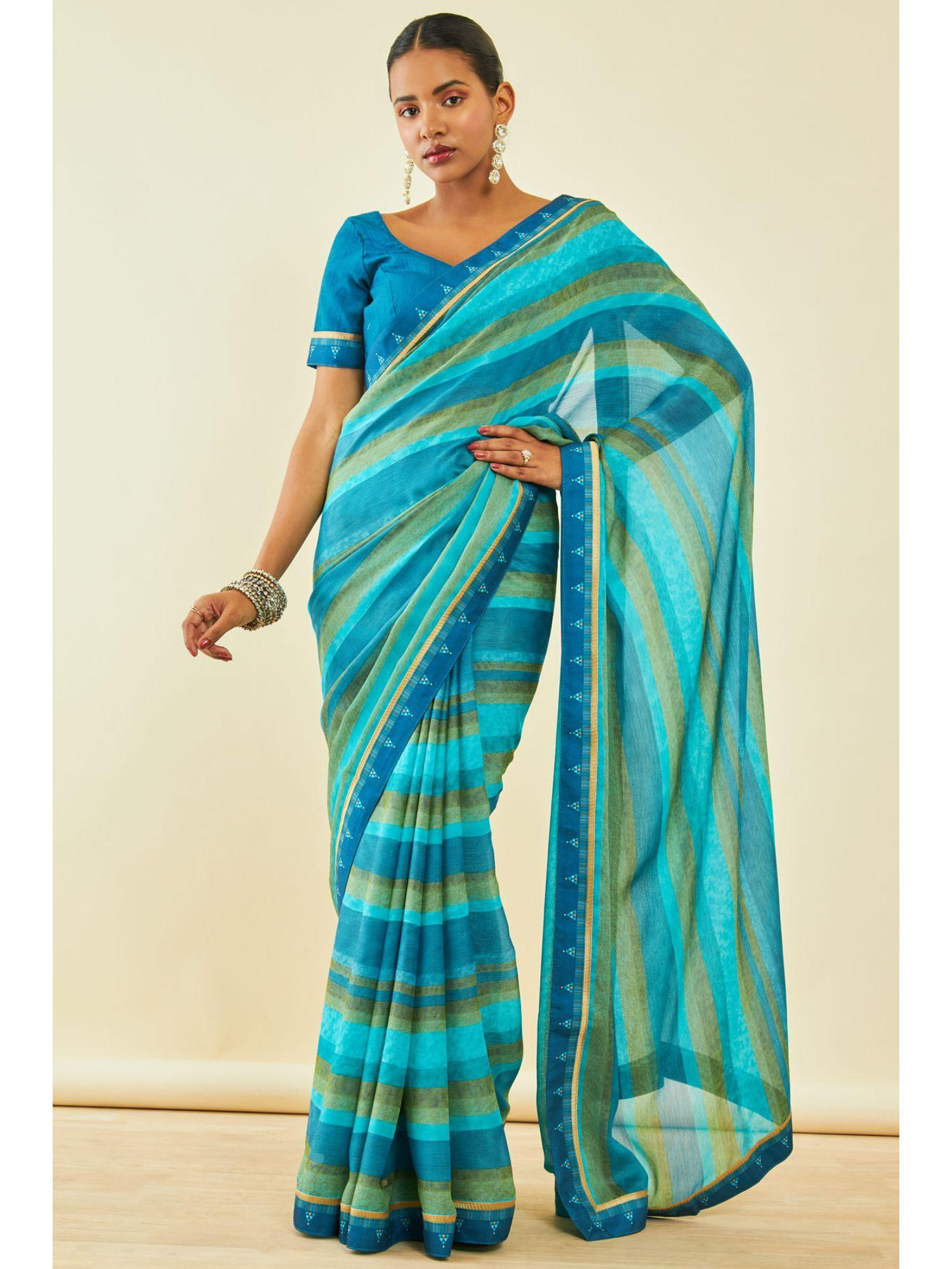 womens turquoise blue chiffon stripes saree with unstitched blouse