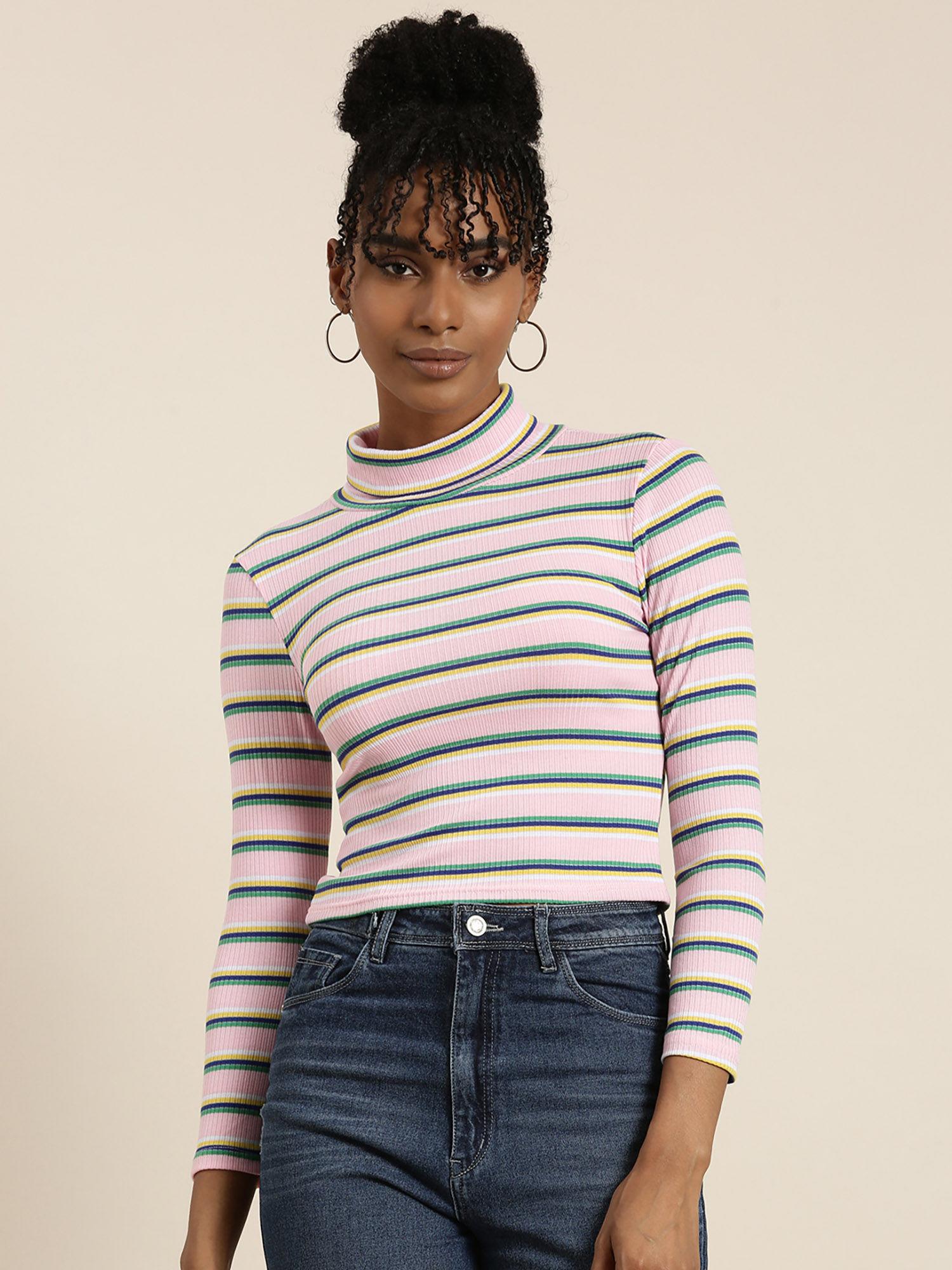 womens turtle neck striped pink crop top