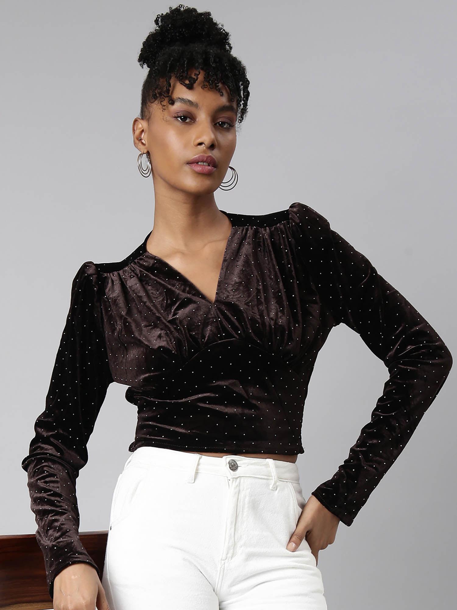 womens v-neck embellished brown empire crop top