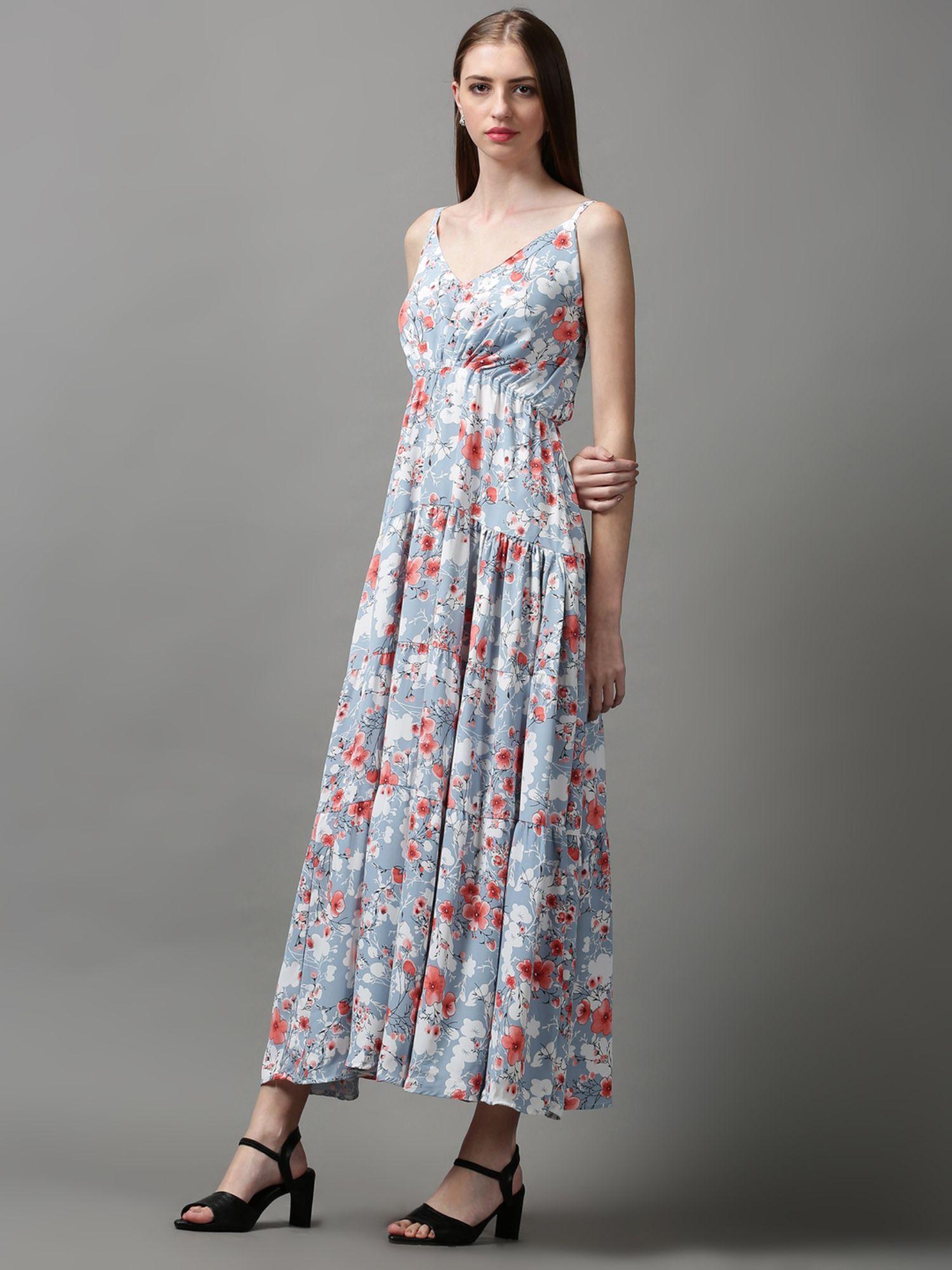 womens v-neck floral blue maxi dress