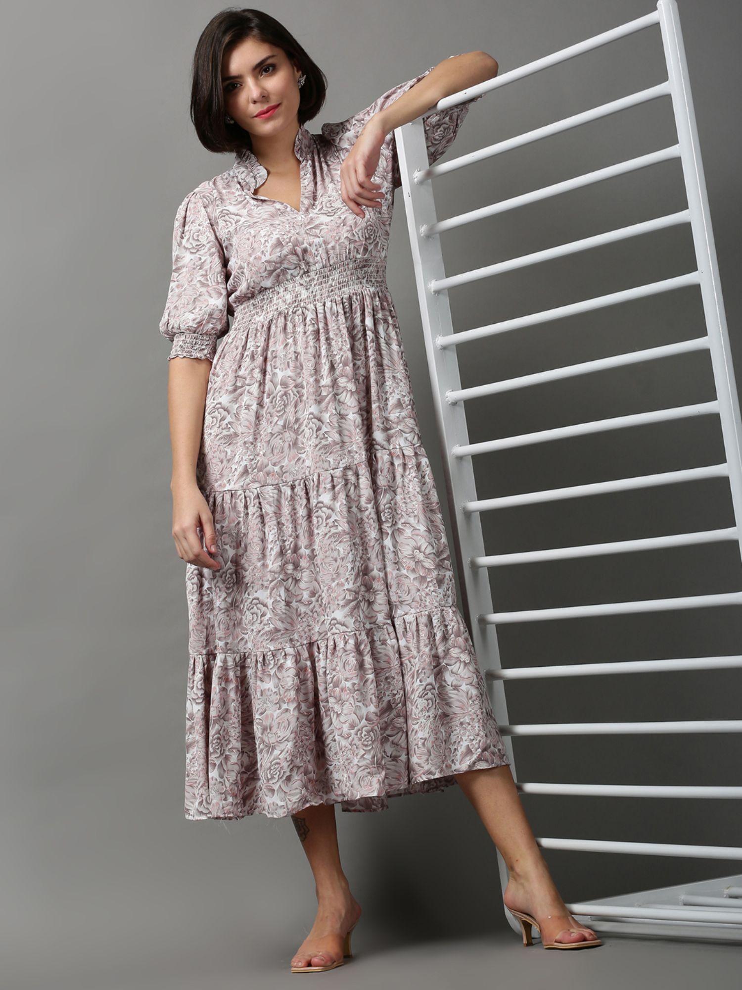 womens v-neck floral grey midi dress