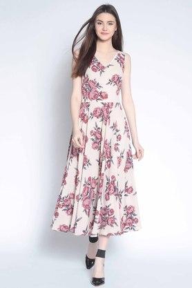 womens v-neck floral print flared dress - natural