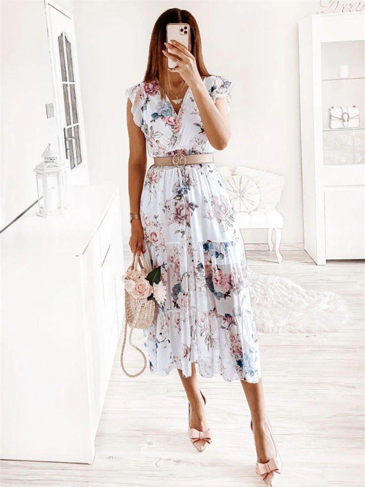 womens v-neck floral printed midi dress without belt off white