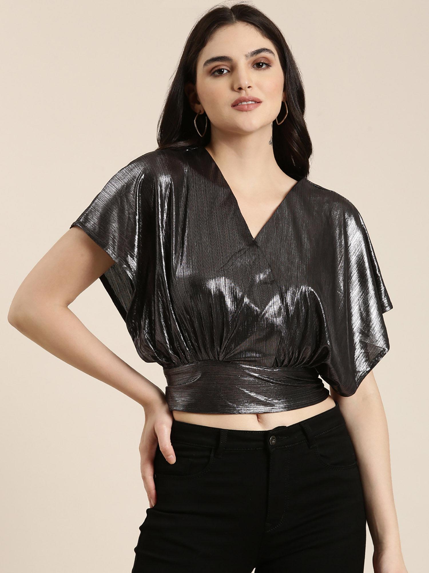 womens v-neck flutter sleeves solid blouson metallic crop top