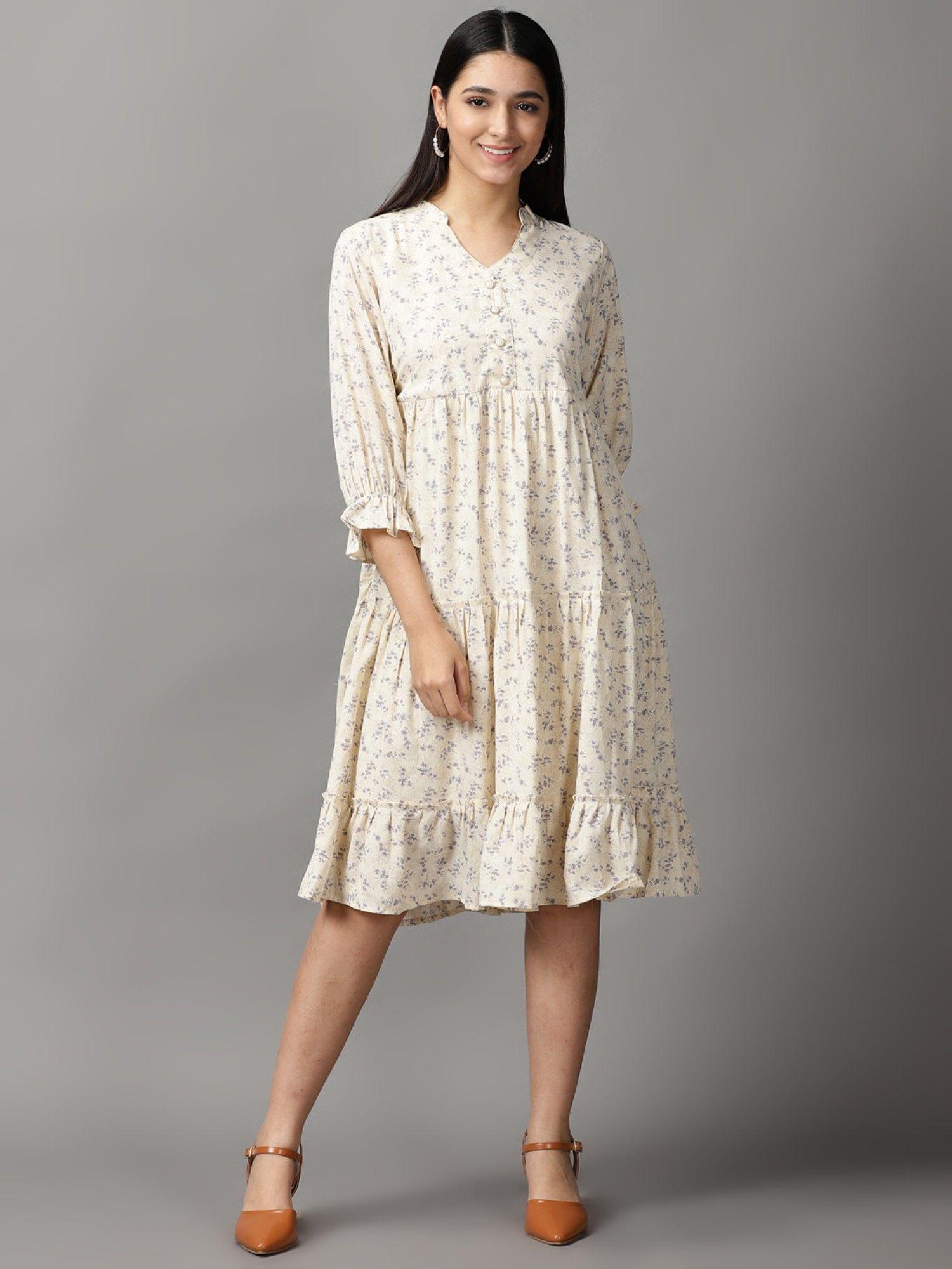 womens v-neck knee length cream floral dress