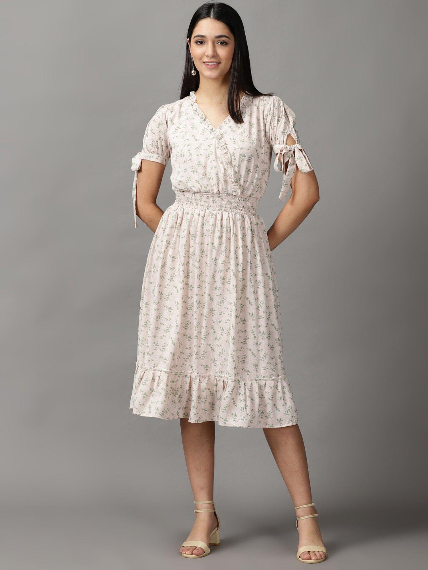 womens v-neck knee length cream floral dress
