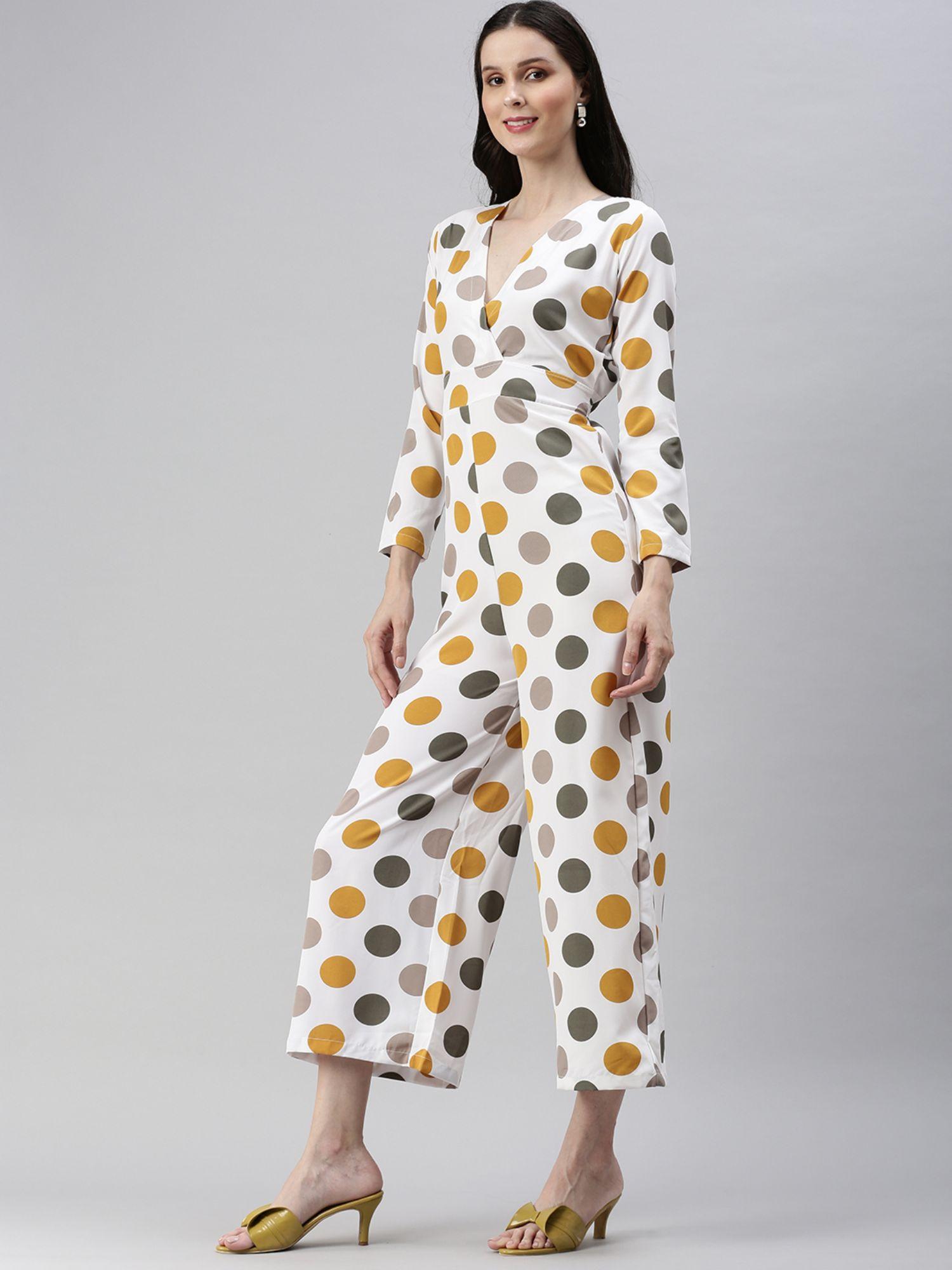 womens v-neck long sleeves off white printed jumpsuit