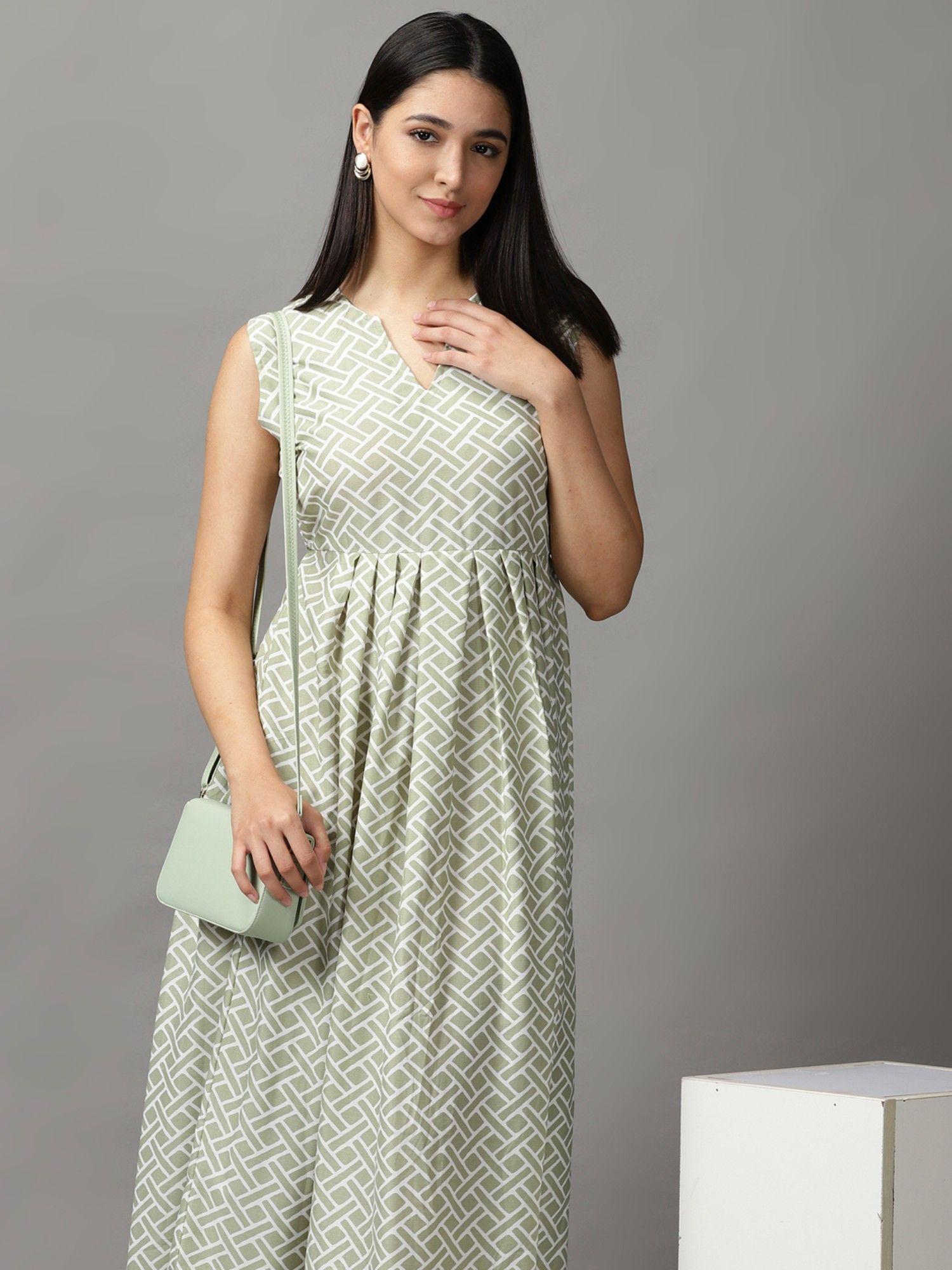 womens v-neck maxi sea green geometric dress