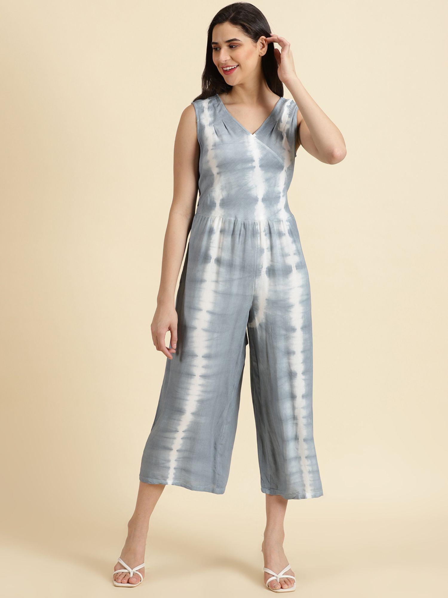 womens v-neck printed grey jumpsuit