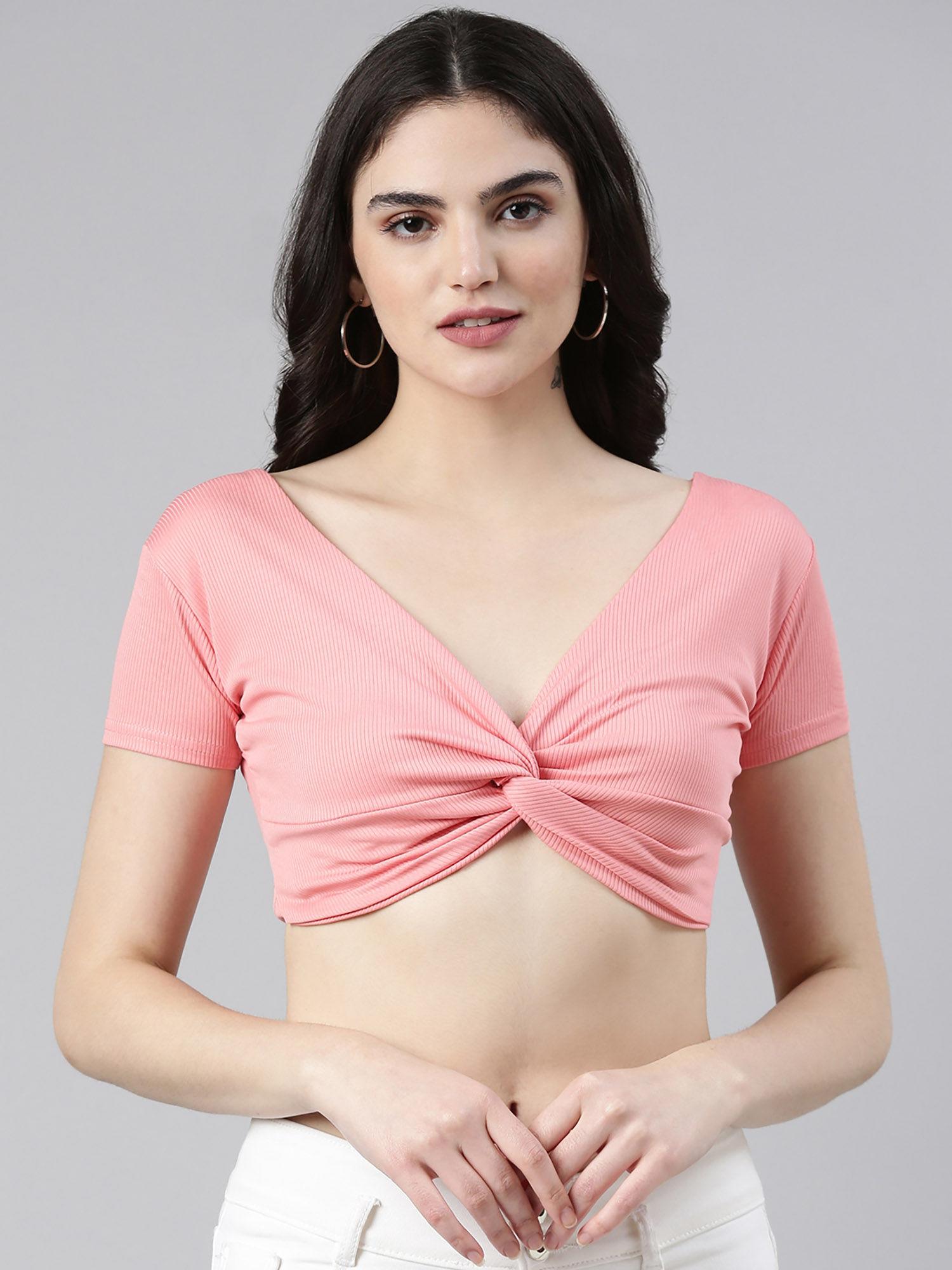 womens v-neck regular sleeves solid blouson coral crop top