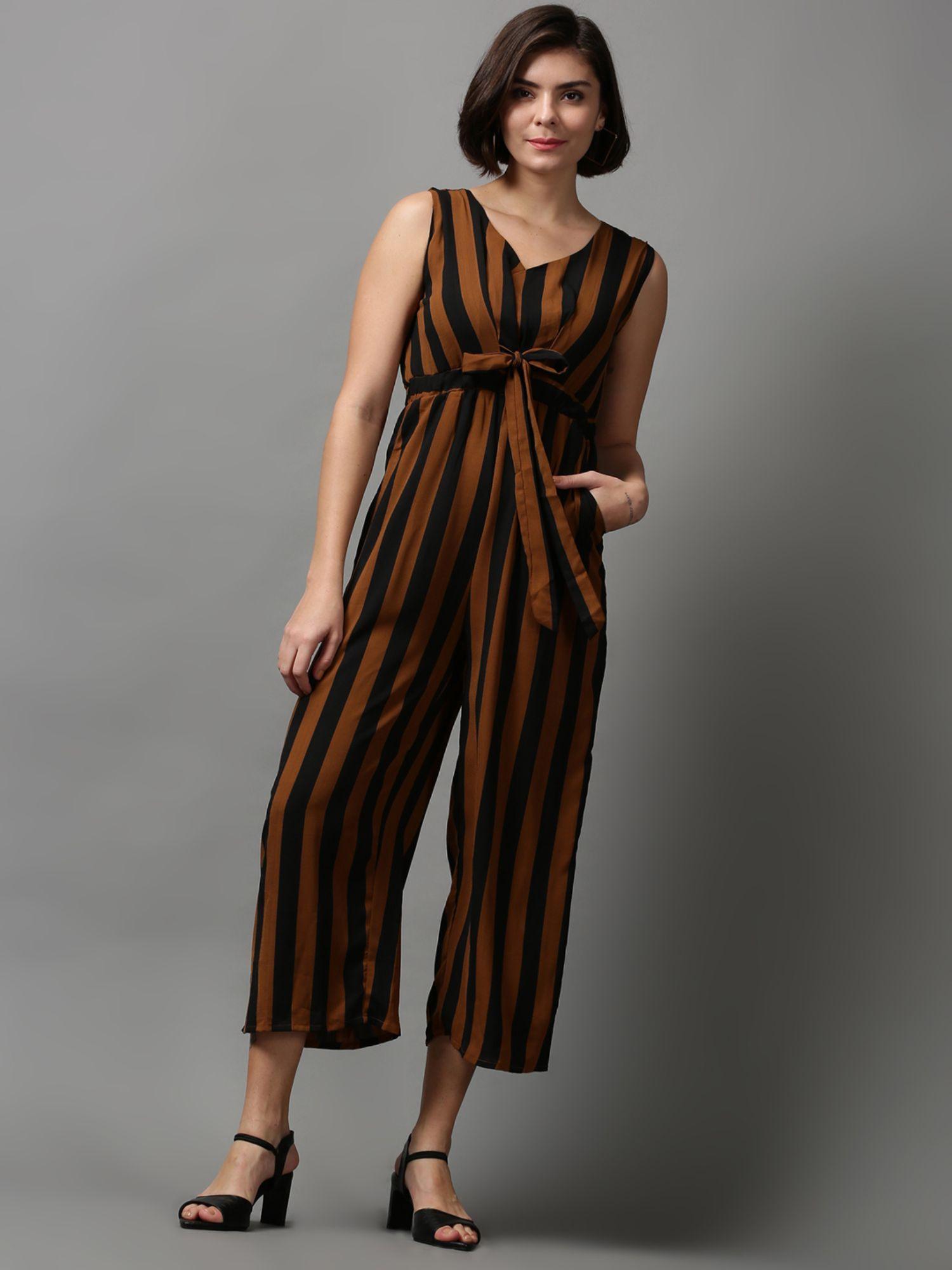 womens v-neck sleeveless brown striped jumpsuit