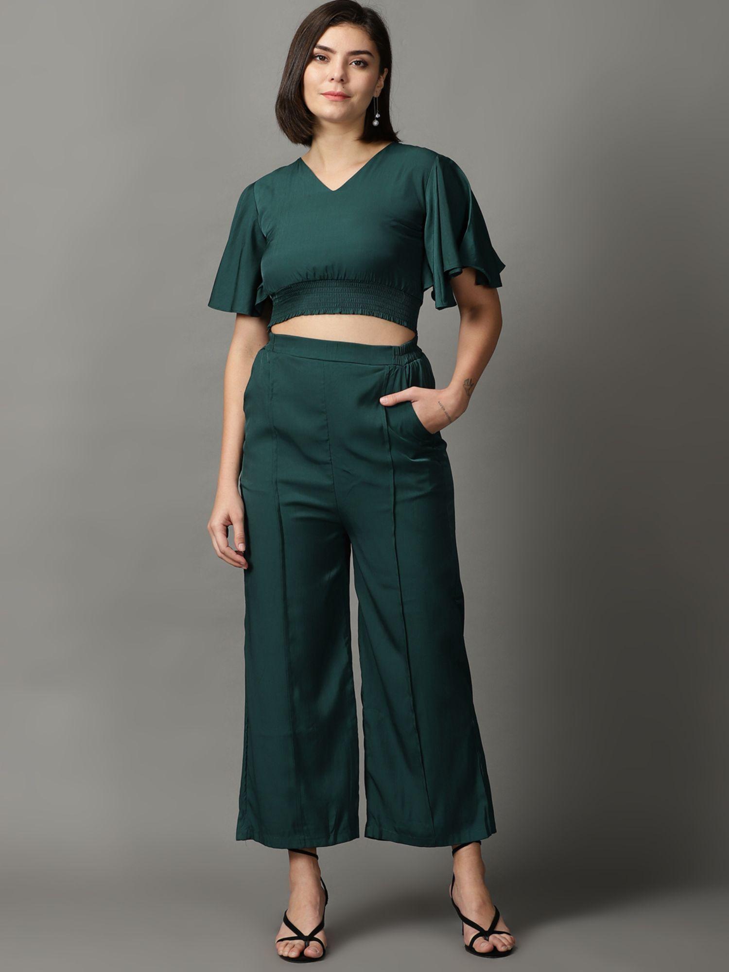 womens v-neck solid green co-ord (set of 2)