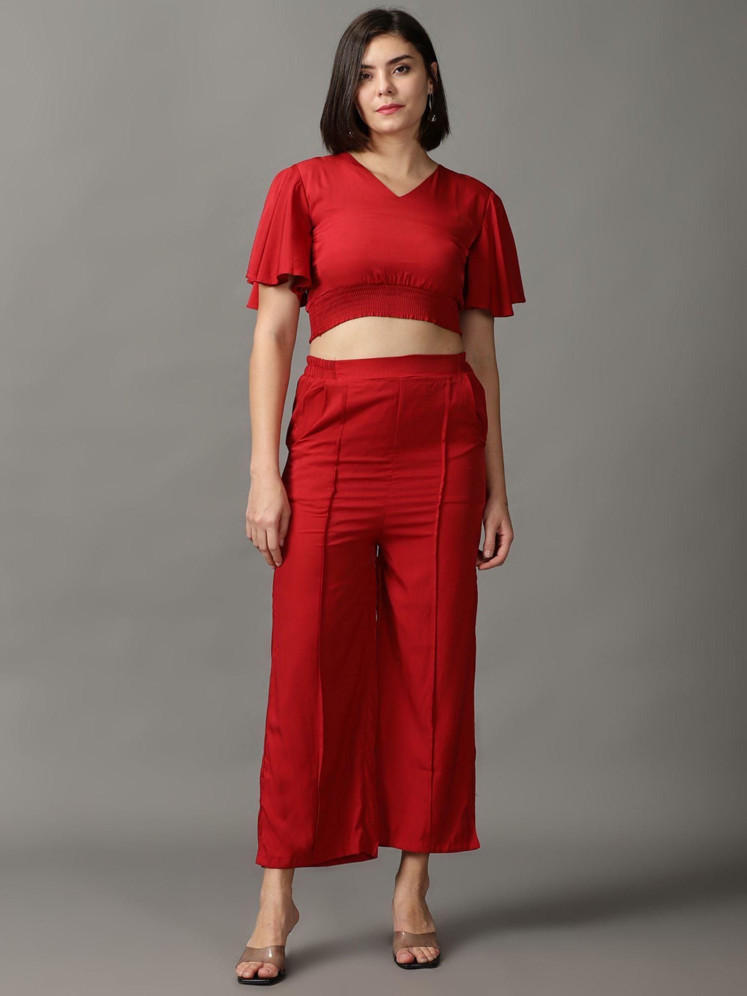 womens v-neck solid maroon co-ord (set of 2)