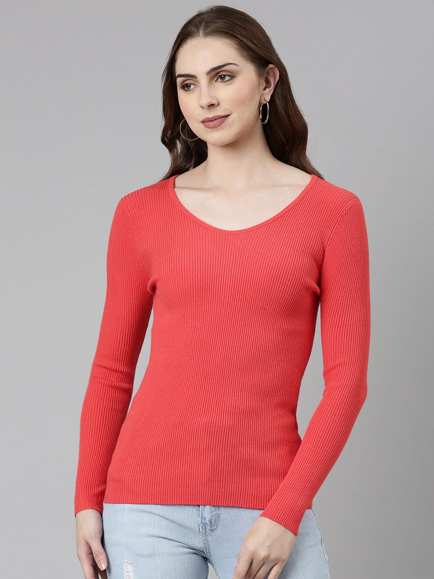 womens v-neck solid regular coral top