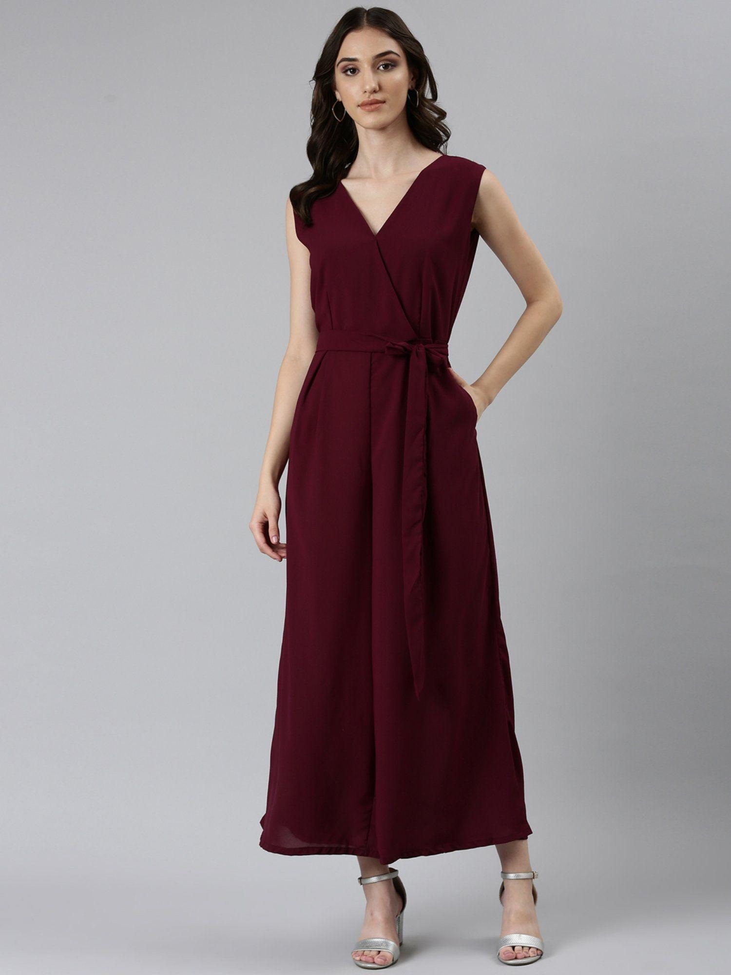 womens v-neck solid wine jumpsuit