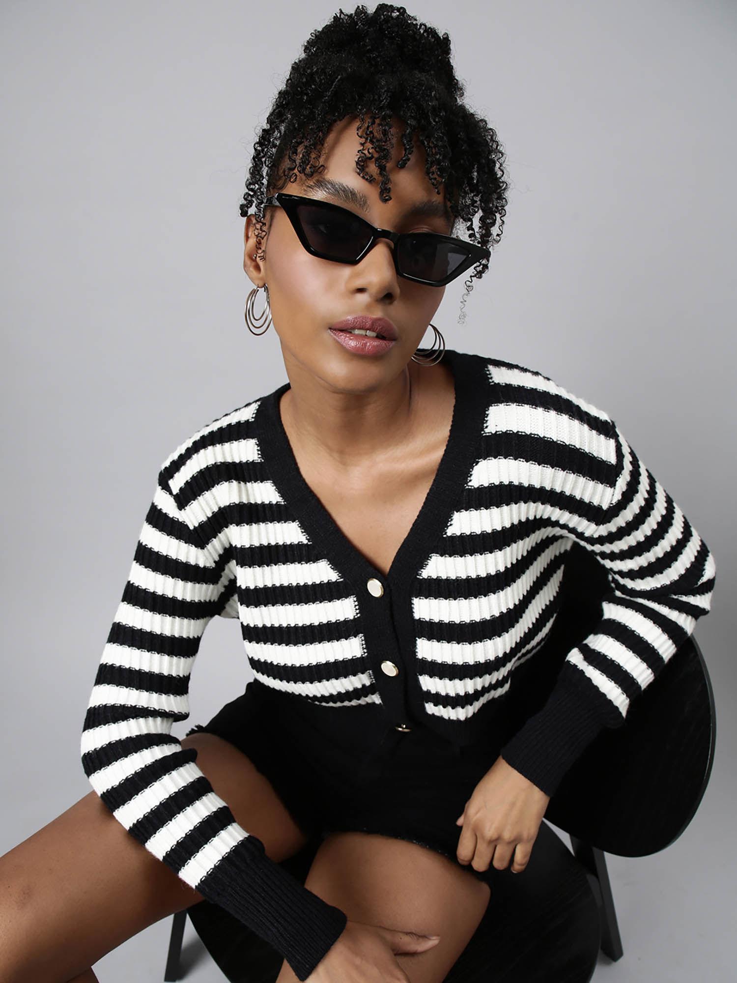 womens v-neck striped black crop cardigan