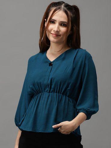 womens v-neck teal peplum regular top