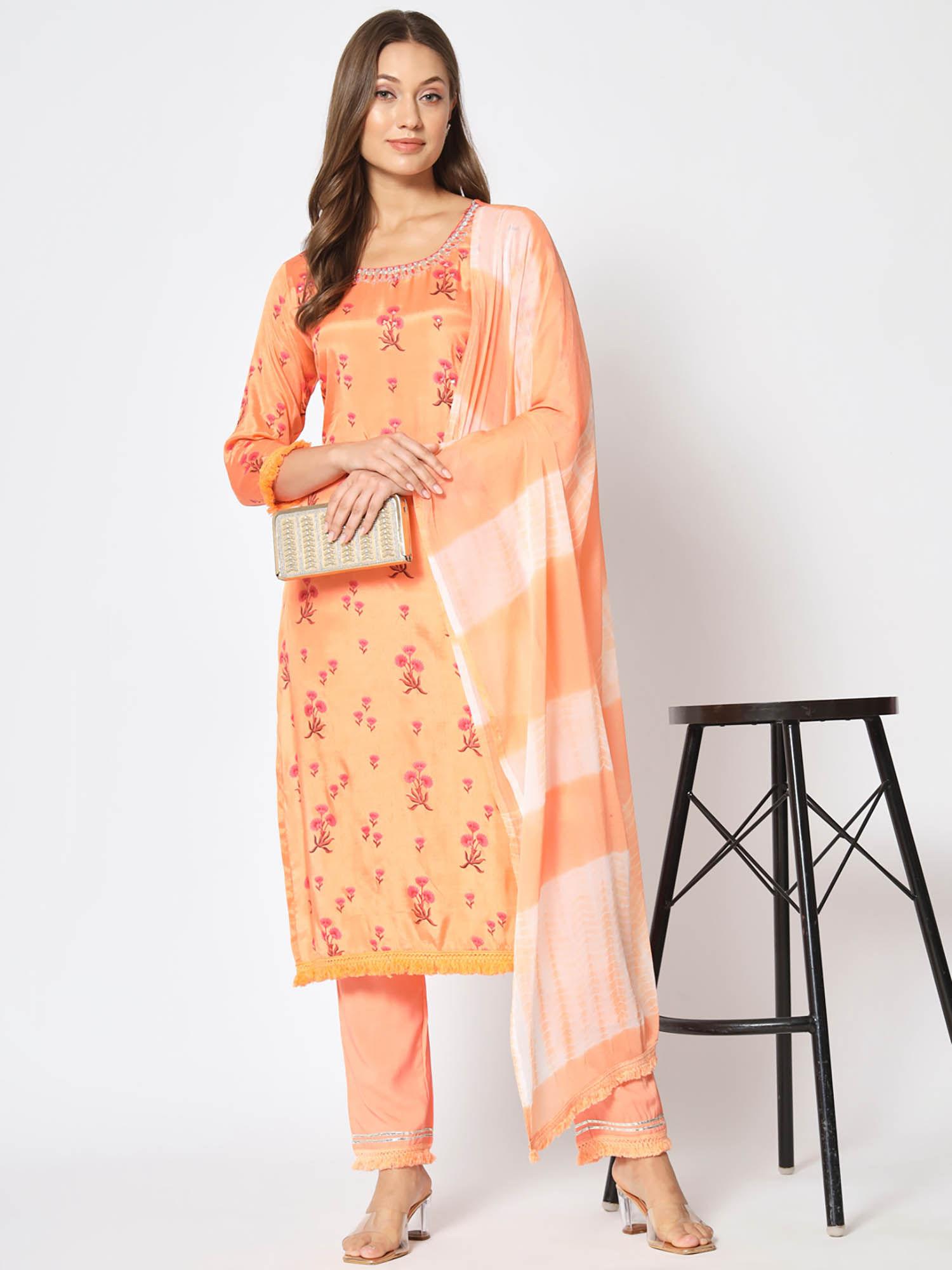 womens viscose silk peach embroidered straight kurta pant chiffon dupatta (set of 3)