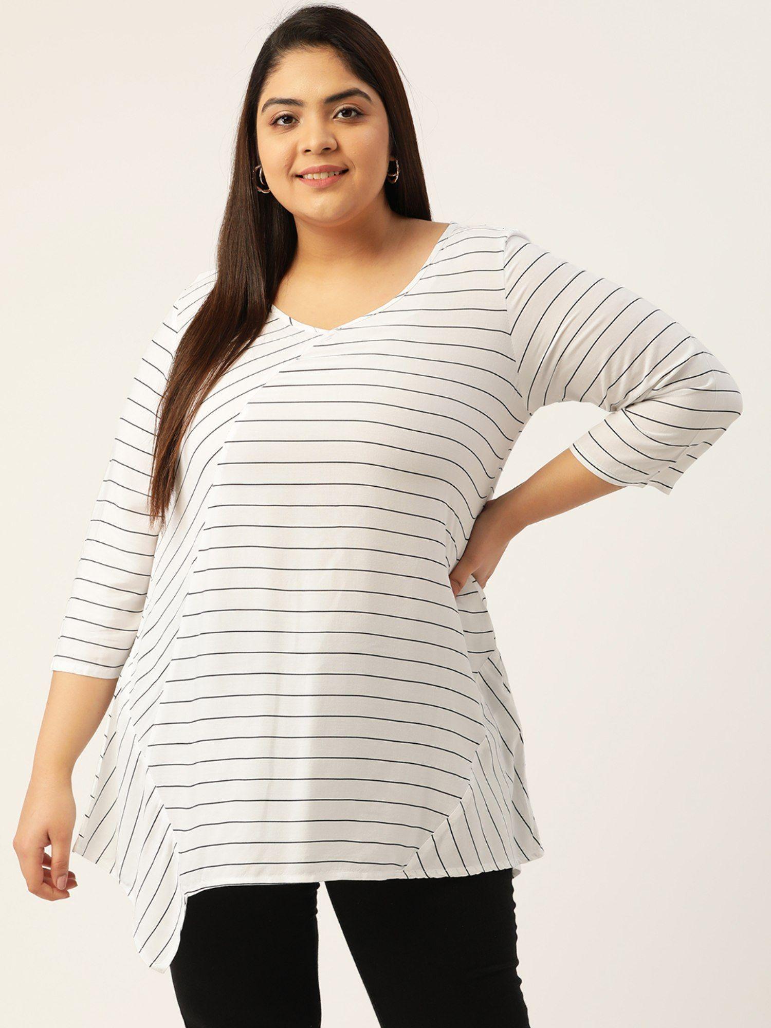 womens white & black striped v-neck top