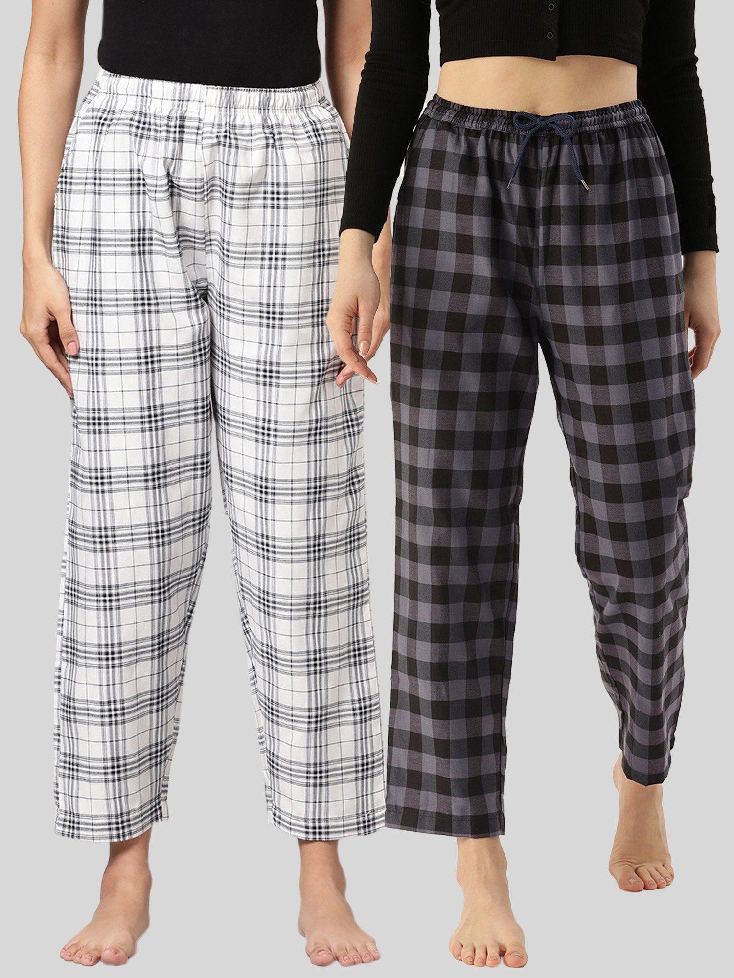 womens white & grey cotton check lounge pajamas (pack of 2)