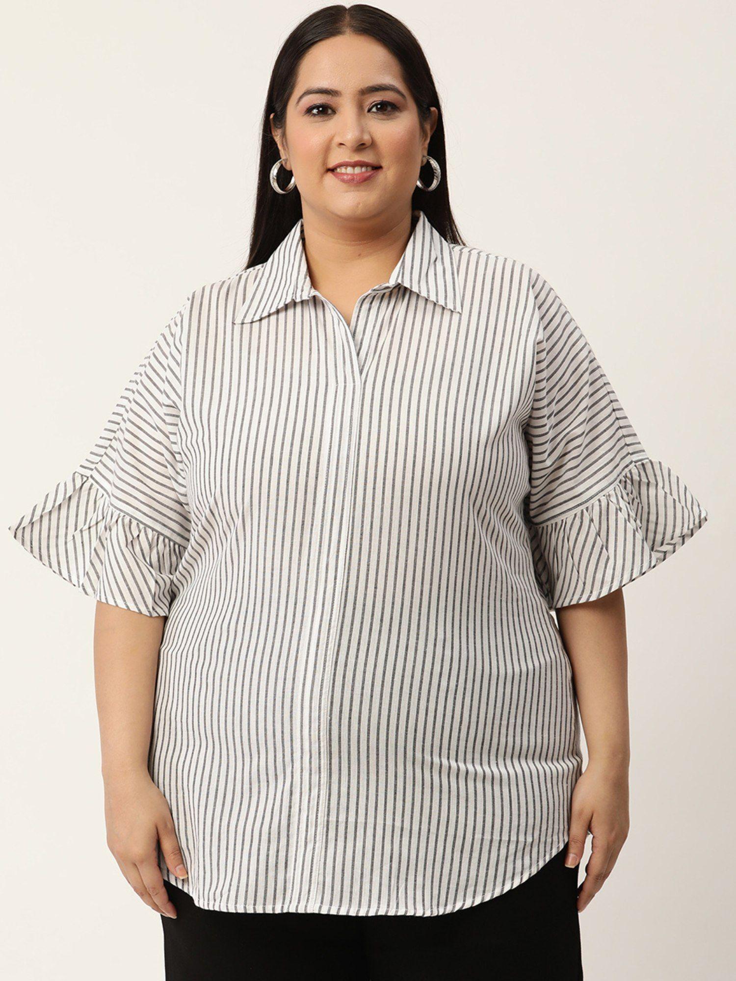 womens white & grey striped printed shirt style top